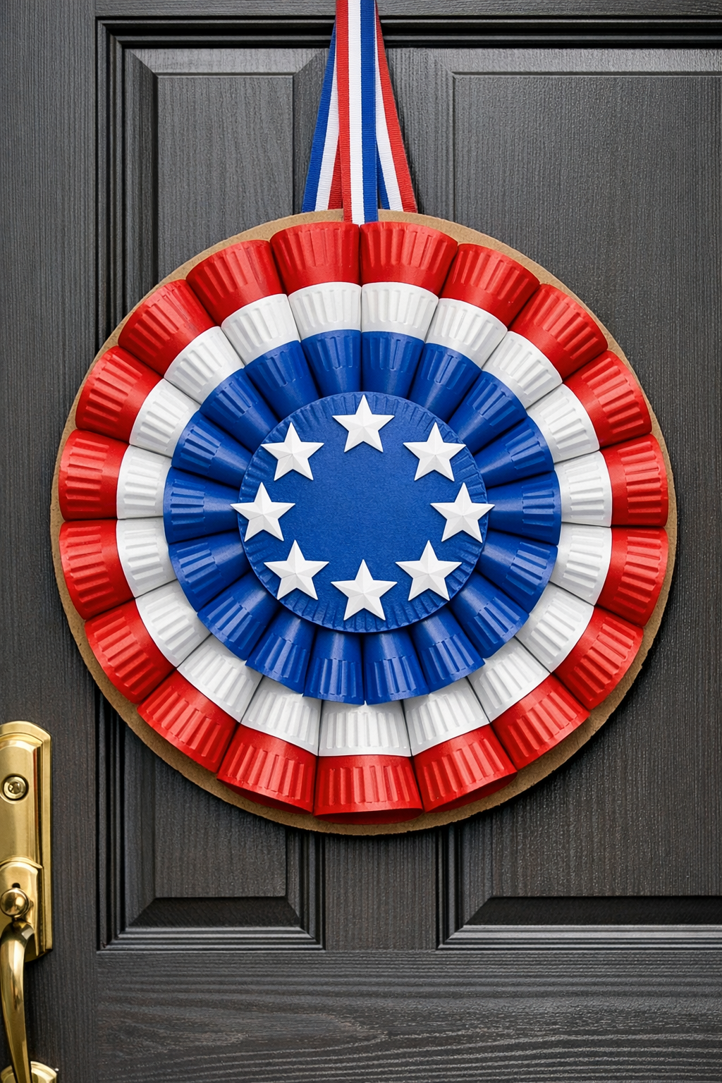 Finished giant patriotic paper plate rosette front door hanger