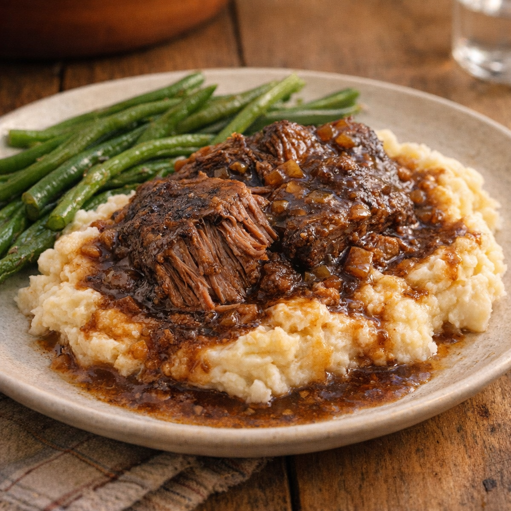 Pot roast and gravy served over mashed potatoes