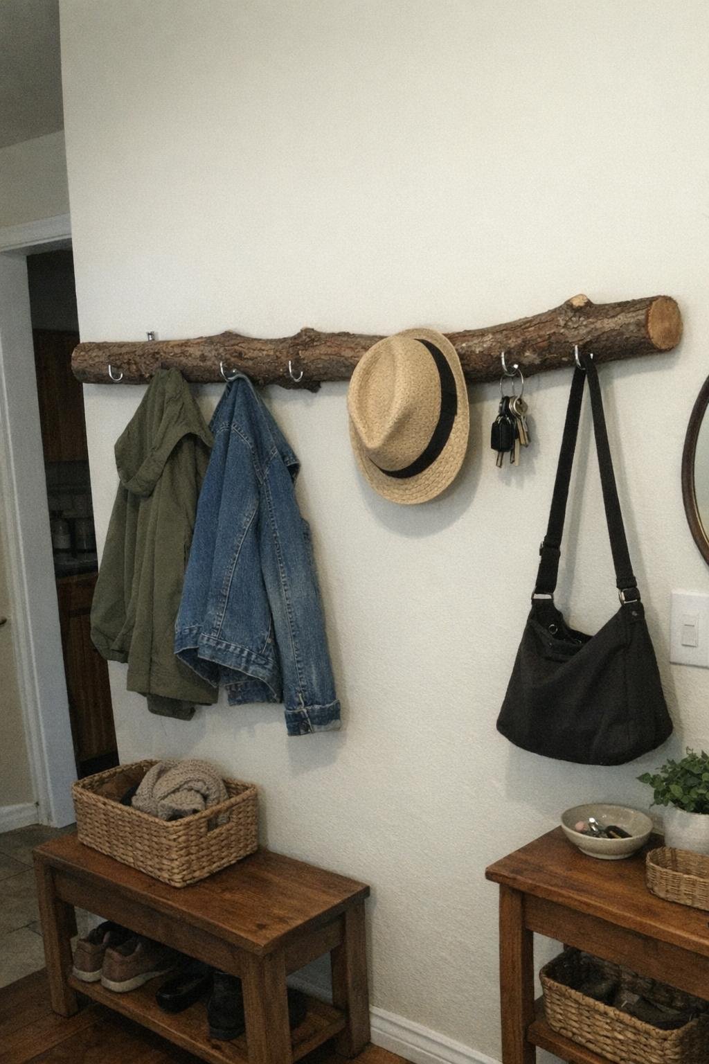 Branch coat and hat rack mounted on a wall