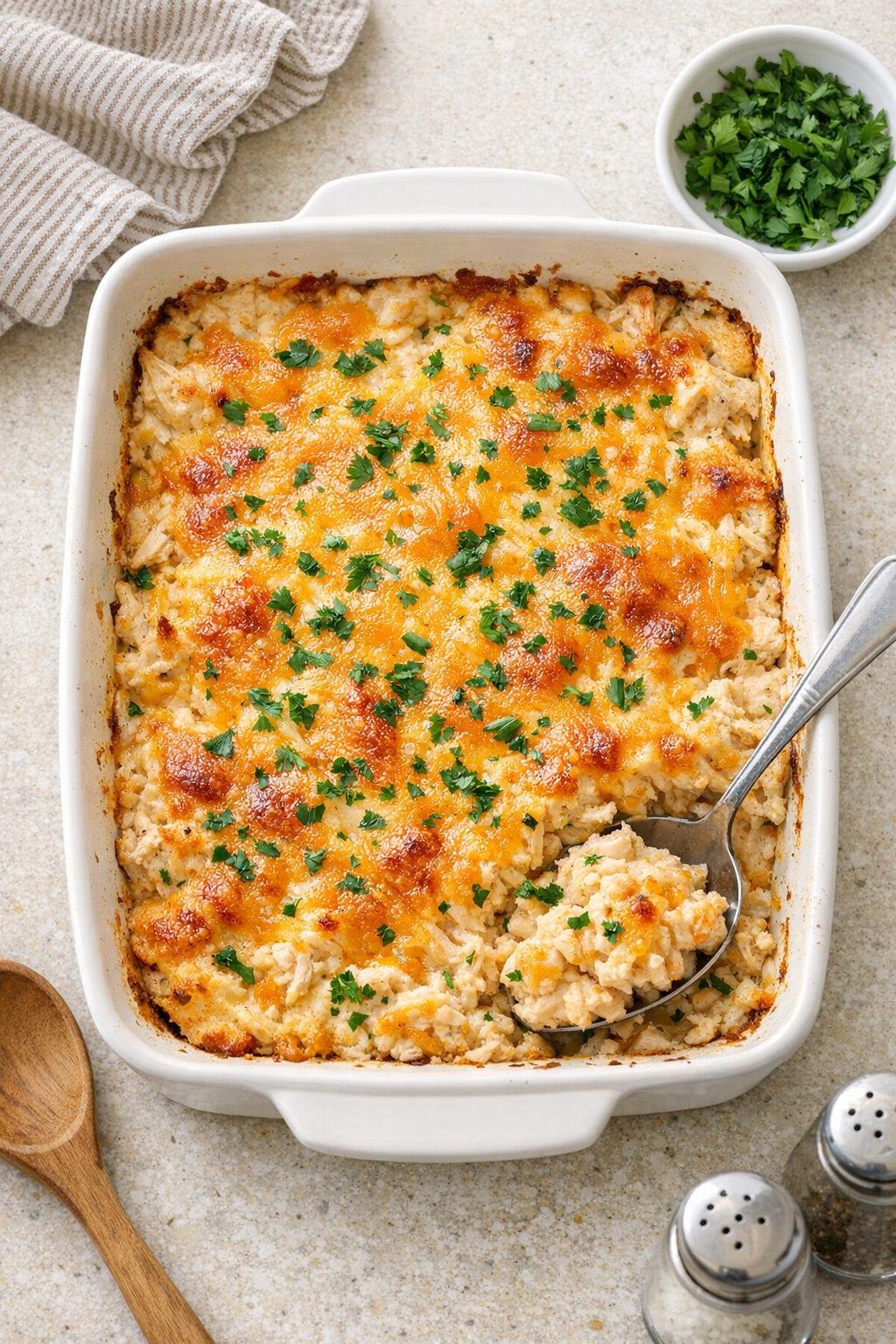 Finished baked canned chicken casserole in a ceramic baking dish