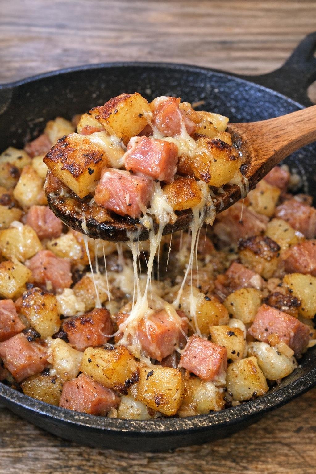 Ham and potato skillet with melted cheese