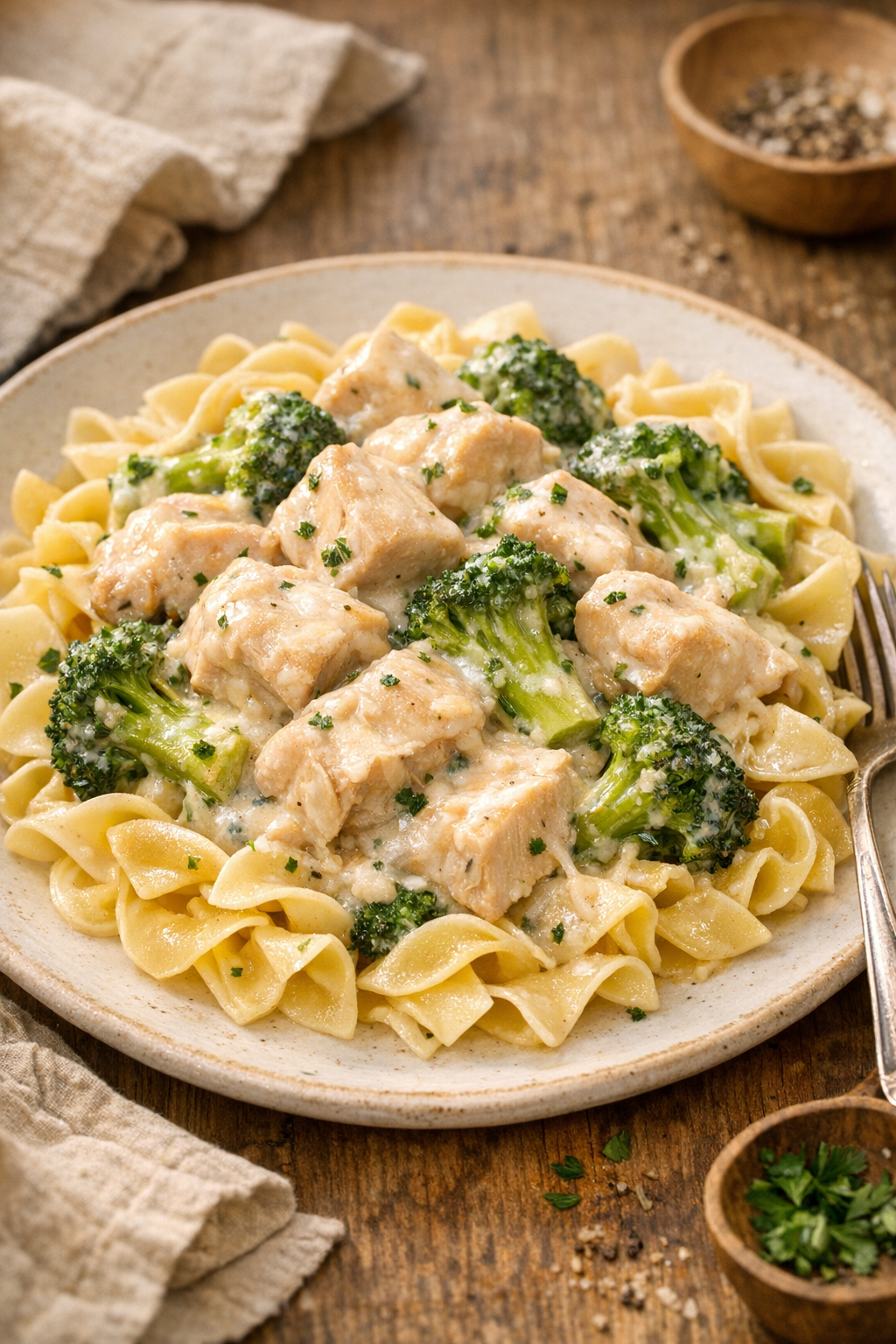 Plated creamy chicken and broccoli with noodles