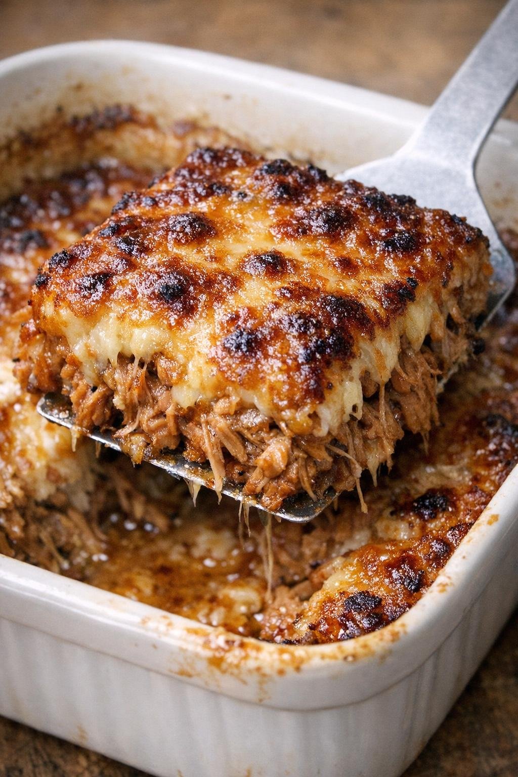 Low carb pulled pork casserole with browned cheese being lifted from the dish