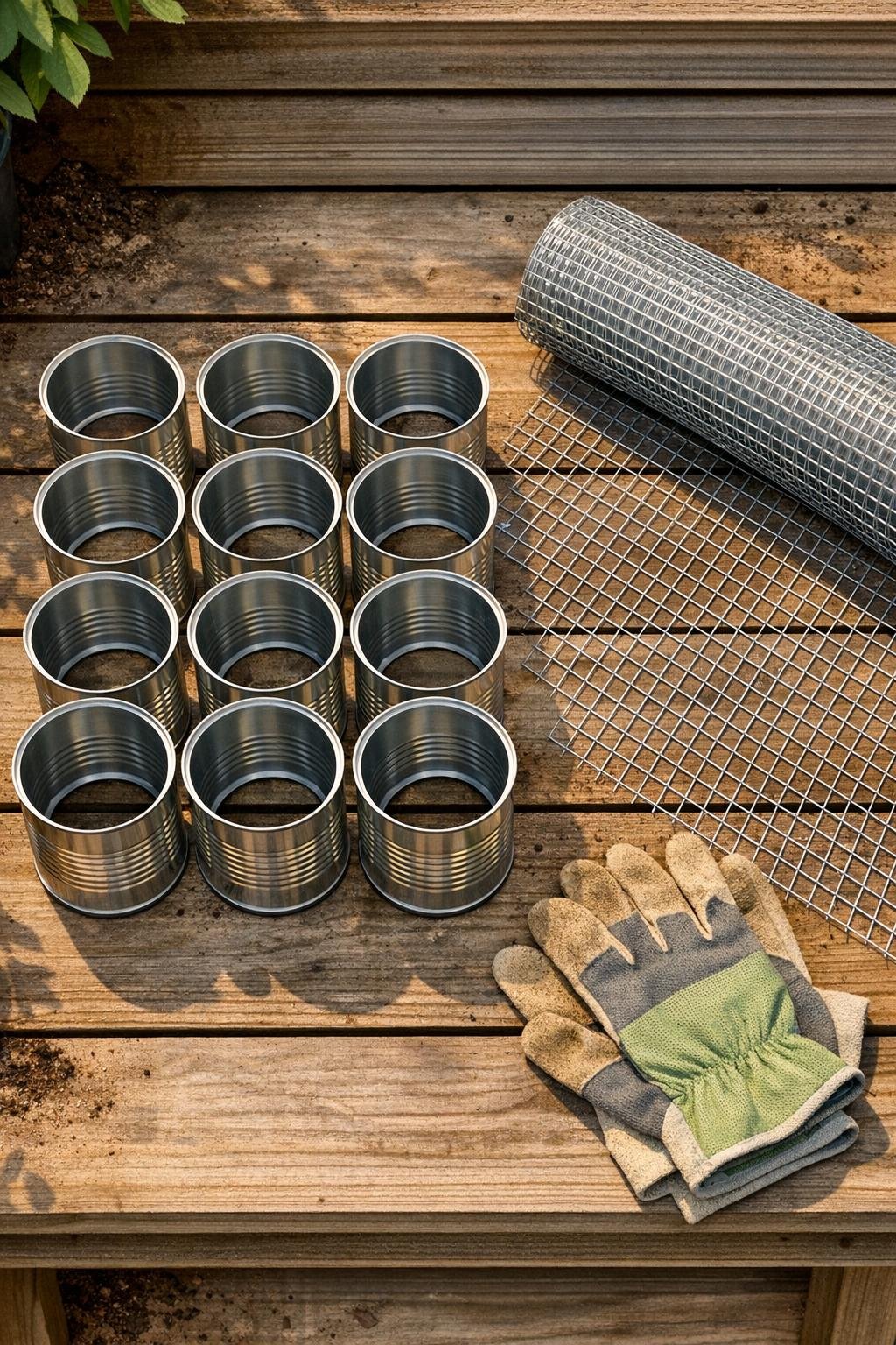 Materials for strawberry crown protectors laid out on a potting bench
