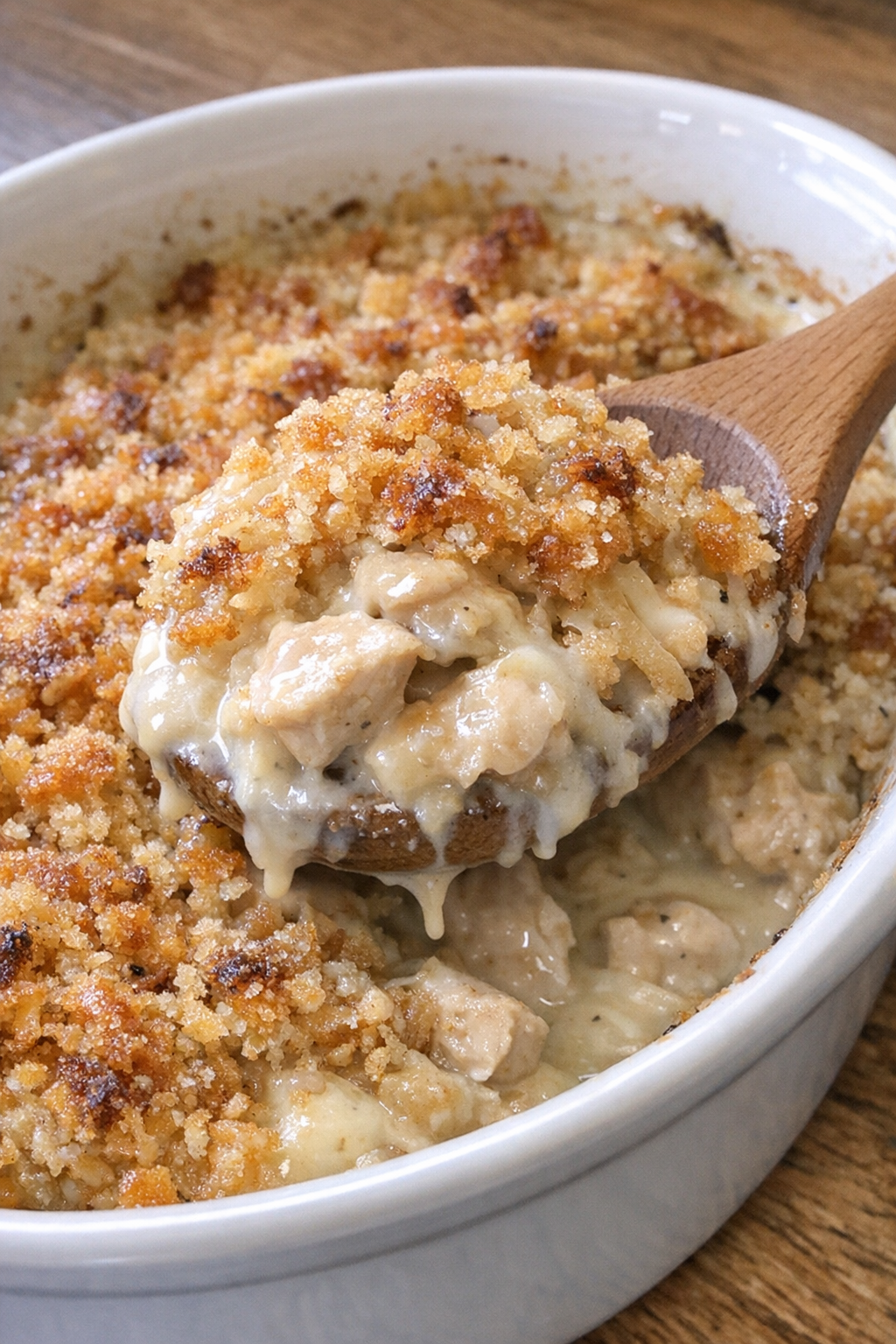 Golden brown chicken casserole in white dish