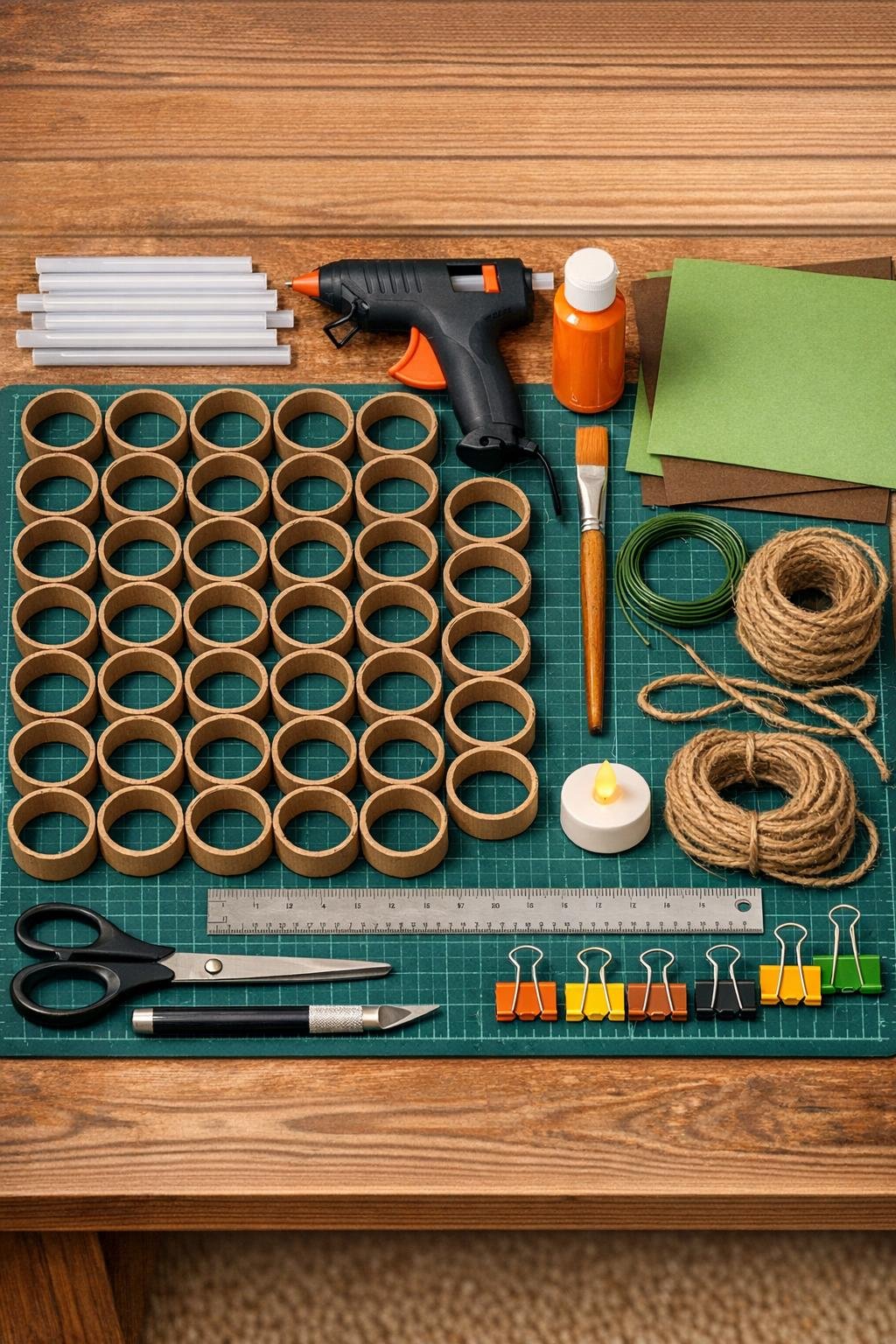 Cardboard rings, glue, paint, and lantern supplies laid out on a table