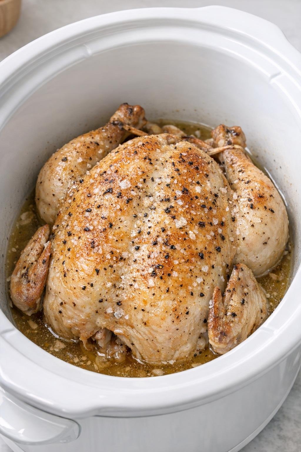 Seasoned whole chicken placed in a white slow cooker