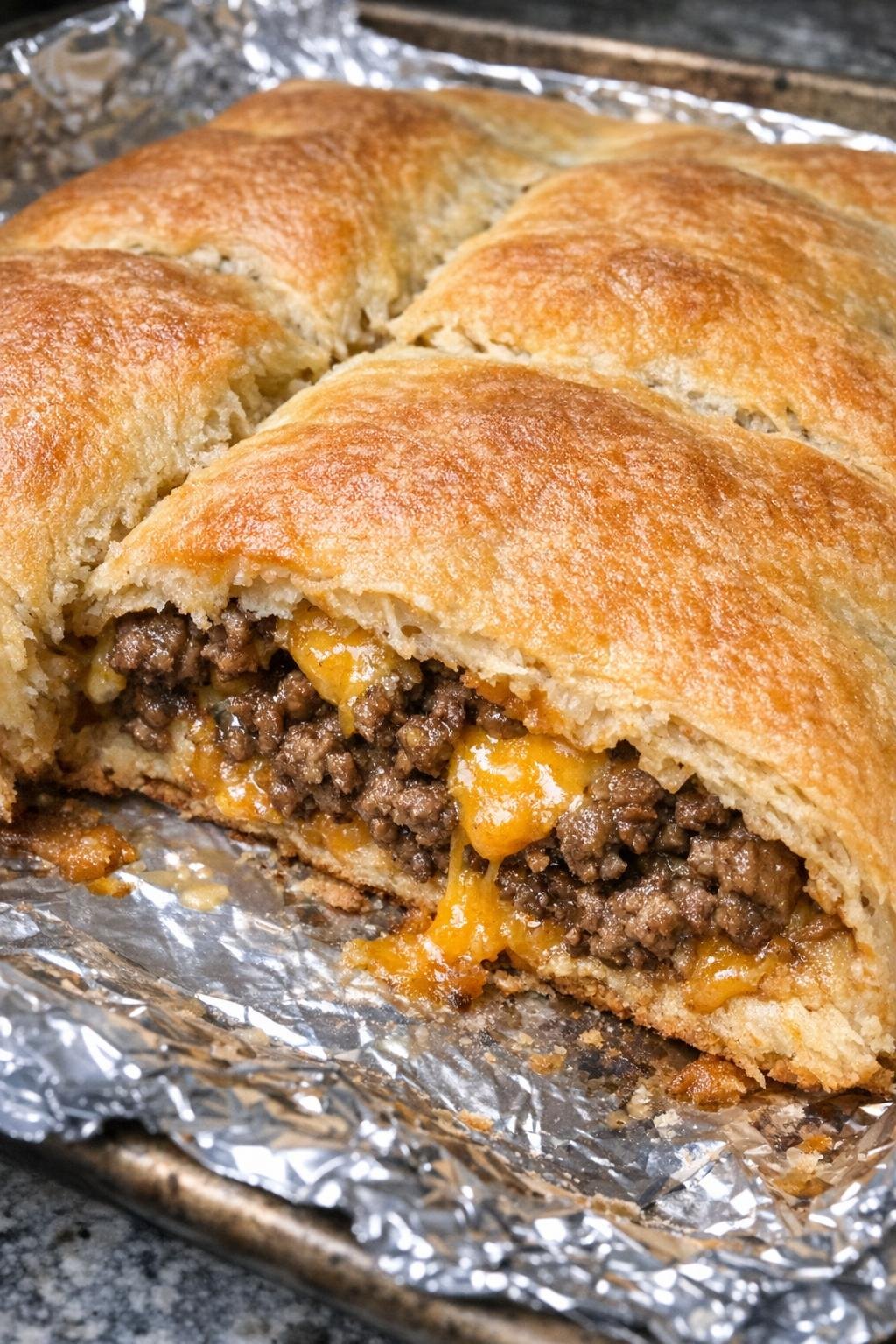 Oven baked beef crescent slab on a foil-lined baking sheet
