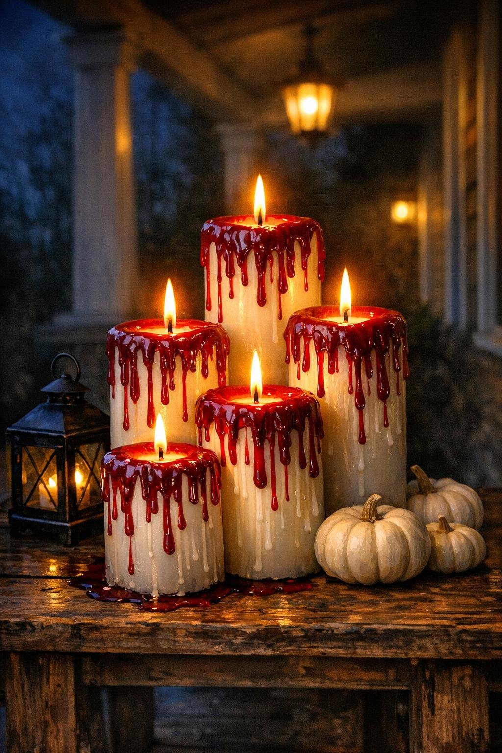 Finished white pillar candle with realistic red wax drips