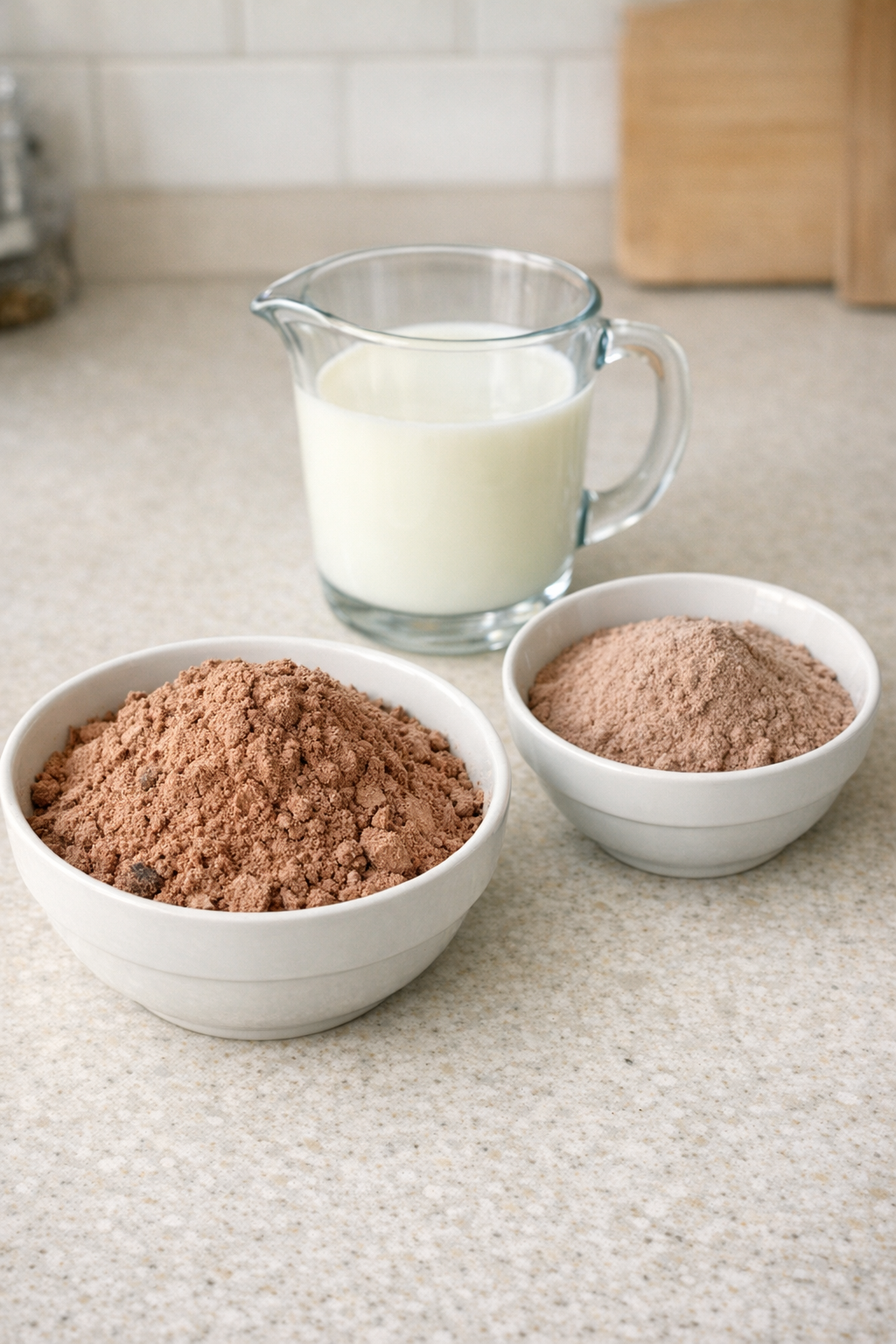 Cake mix, pudding mix, and milk on a kitchen counter