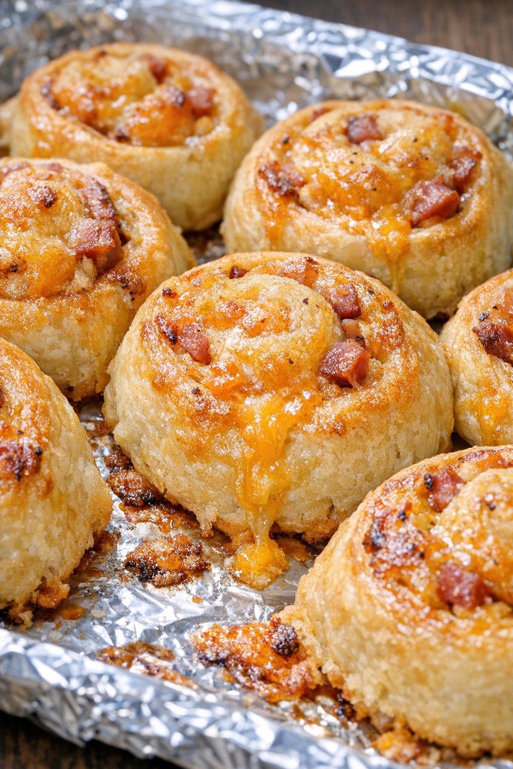 Southern savory cafeteria pinwheels on a foil-lined baking tray