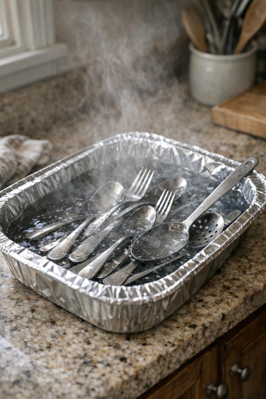 Steam rising over a foil-lined pan of hot water and silverware