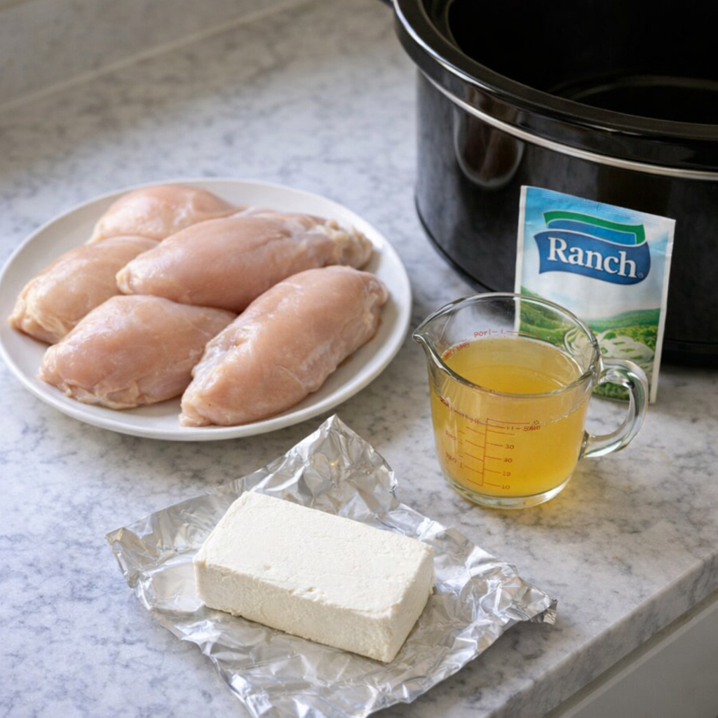 Slow cooker ranch chicken ingredients on a kitchen counter