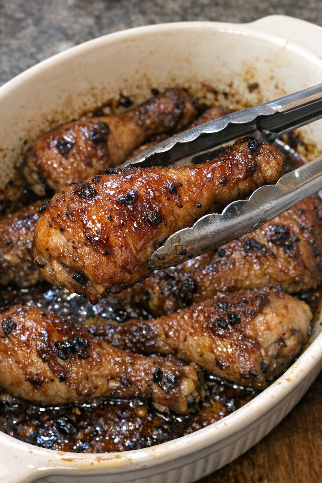 Glazed baked chicken drumsticks in a ceramic baking dish
