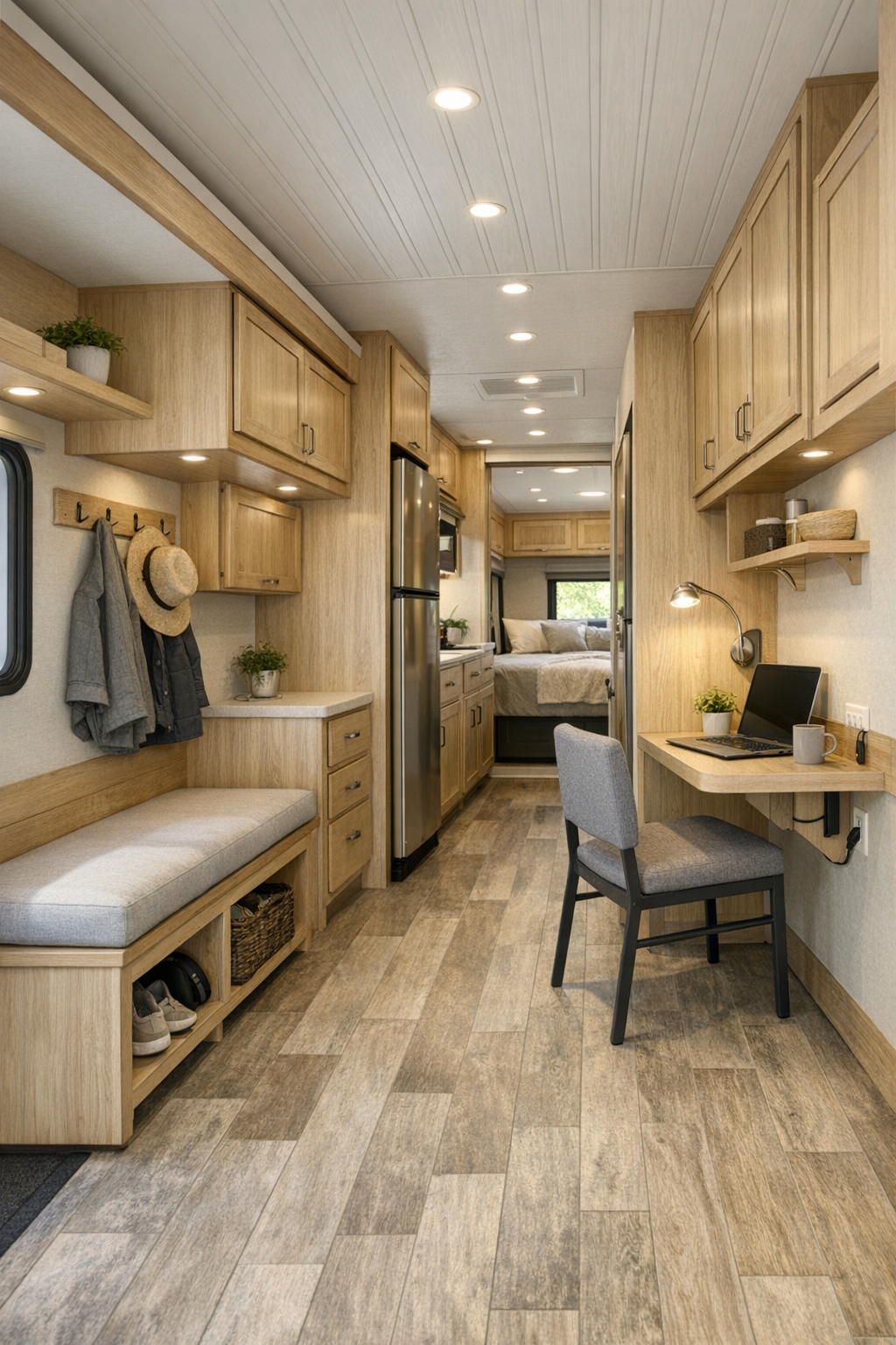 RV multipurpose passage area with built-in storage, small workstation, and light paneled ceiling