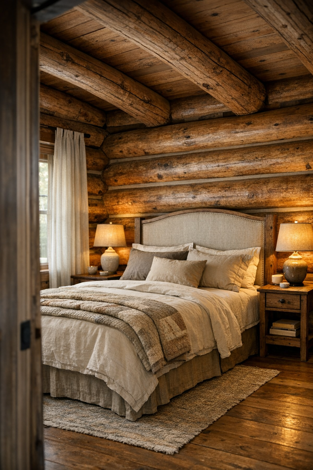 Peaceful rustic bedroom with log walls, linen bedding, and soft layered textures