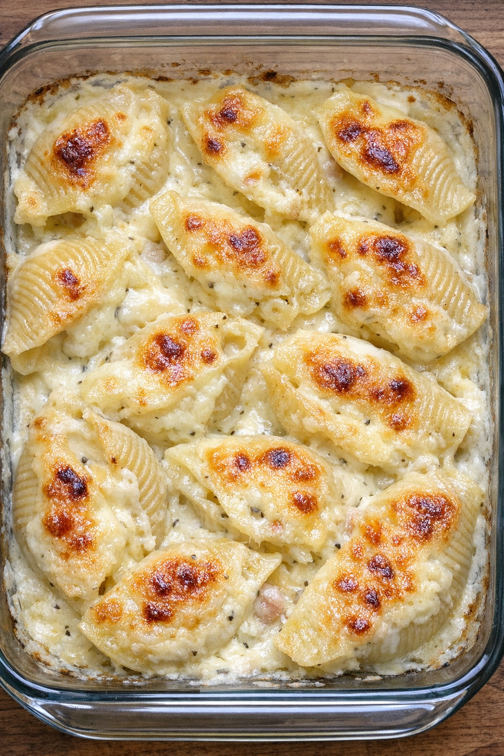 Finished baked taleggio shells in a glass dish