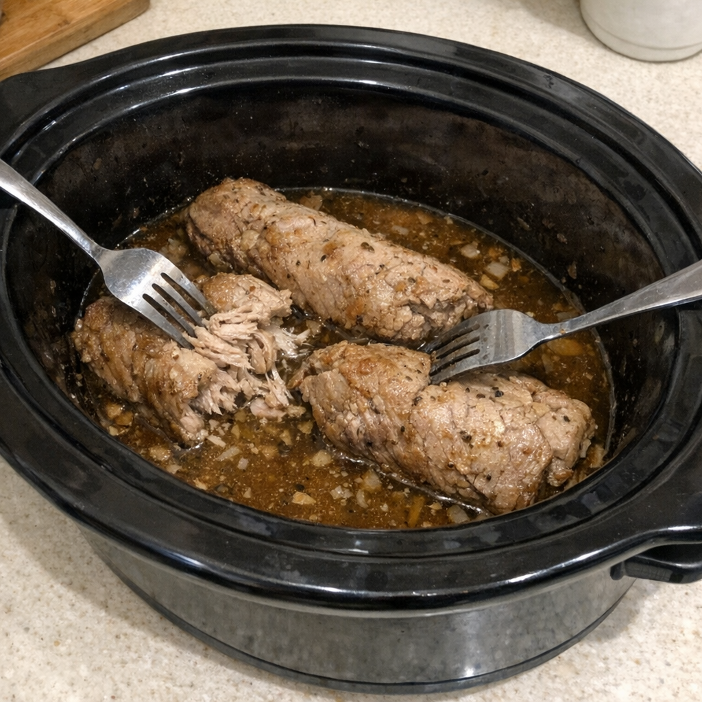 Cooked pork tenderloin in slow cooker ready to shred