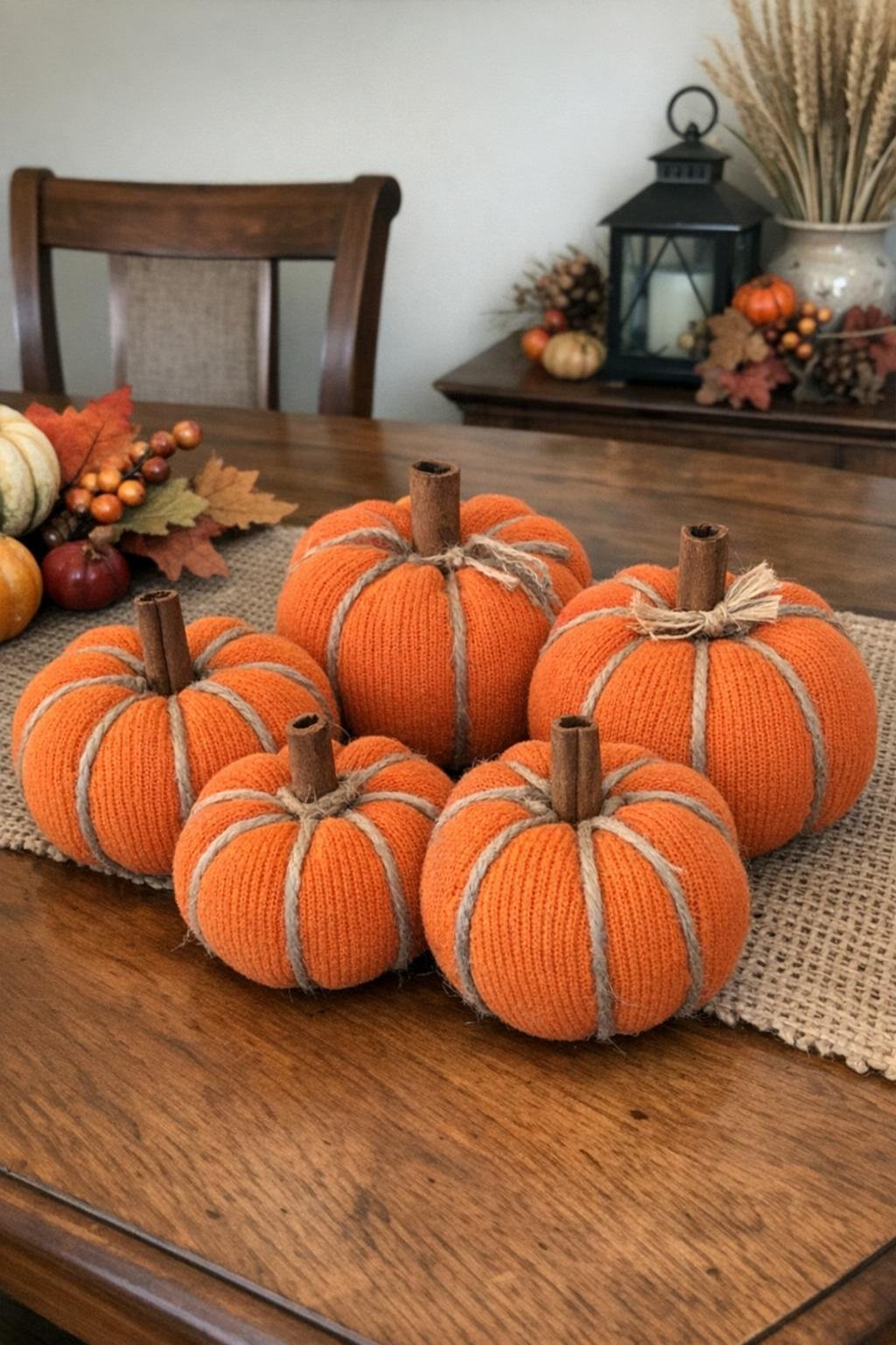 Soft orange sock pumpkins with twine segments and cinnamon stick stems