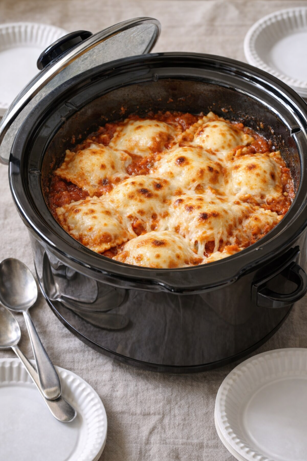 Slow cooker cheesy ravioli at a potluck table