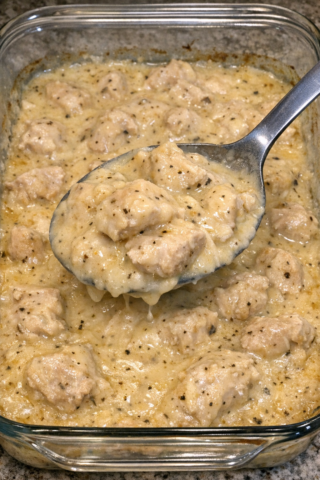 Chicken pieces in creamy sauce in a casserole dish