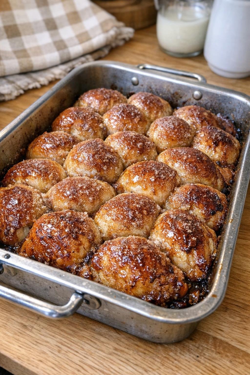 Finished baked pull-apart rolls in roasting pan
