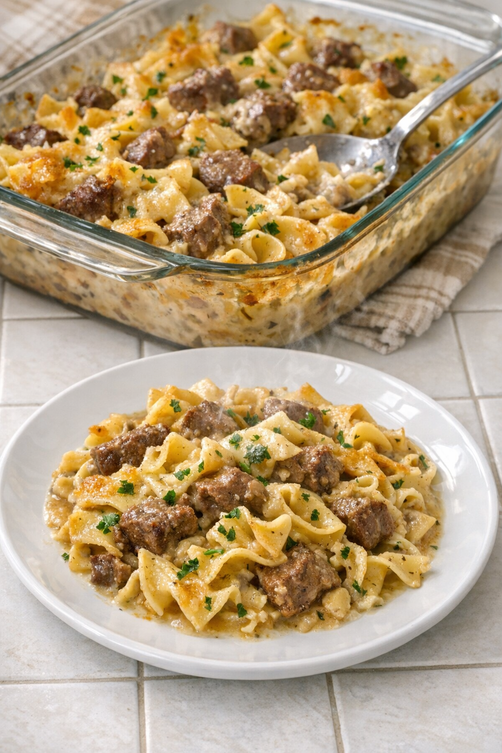 Finished Amish beef sirloin noodle bake plated for serving