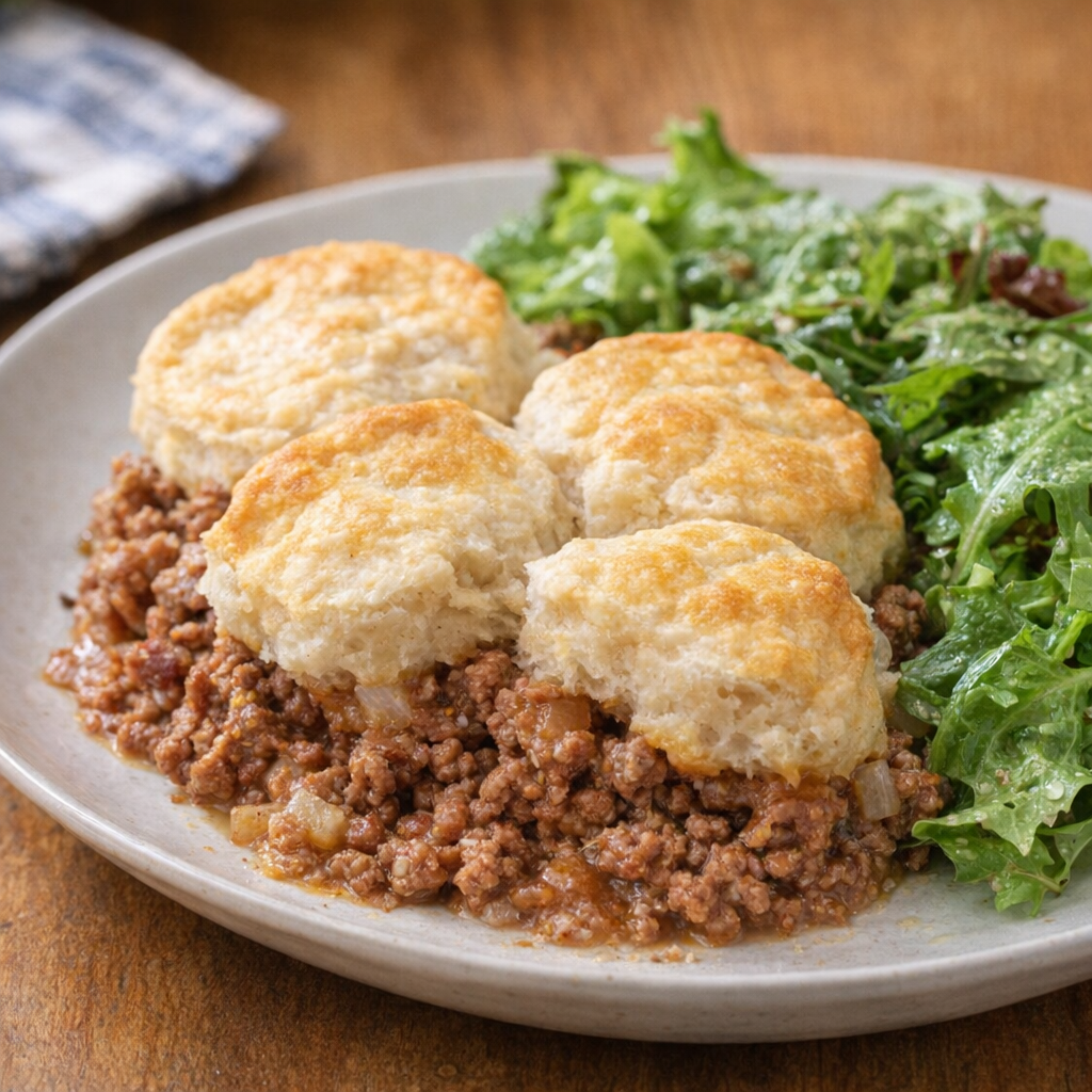 Serving of casserole with green salad on the side