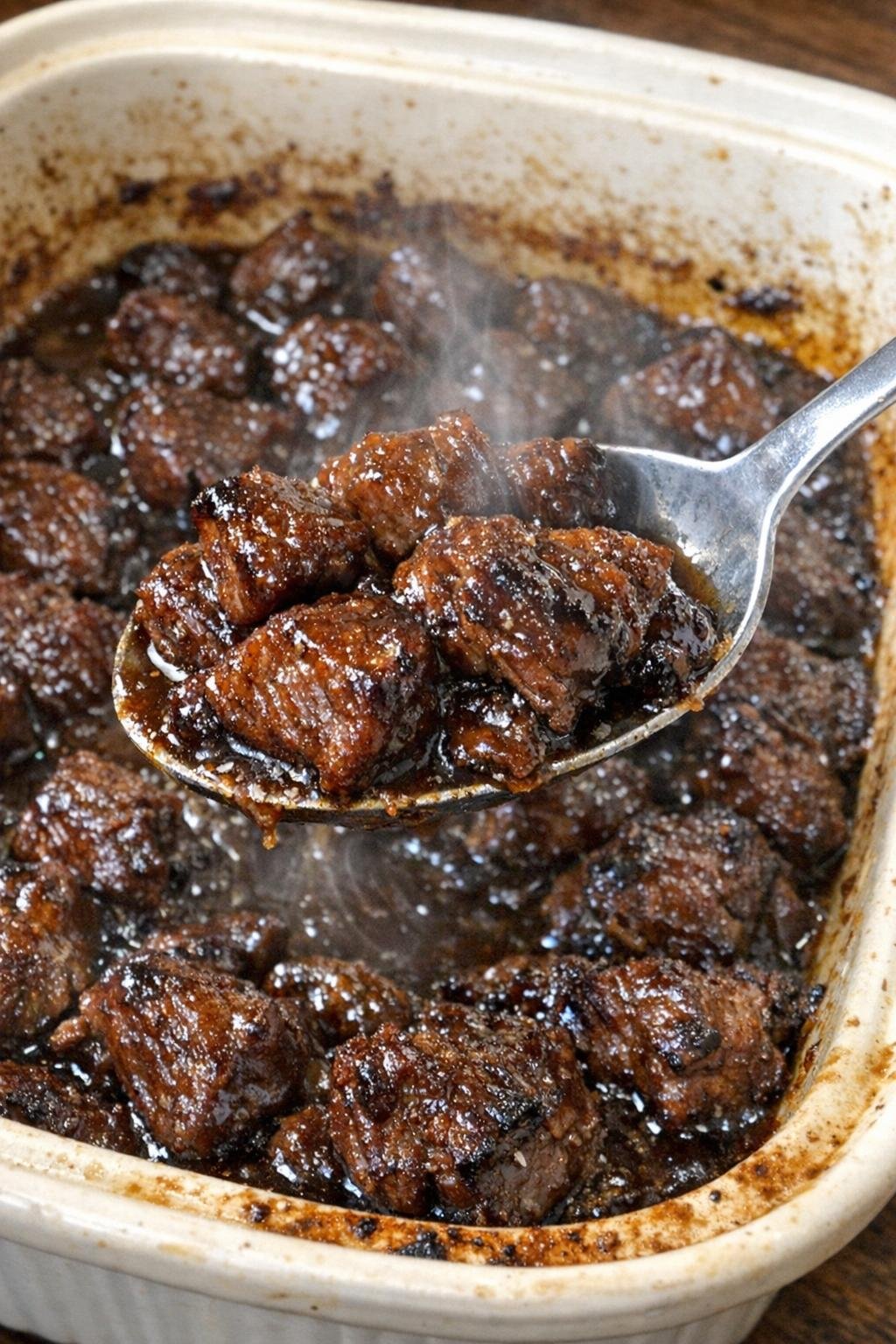 Tender glazed beef bites in a ceramic casserole dish