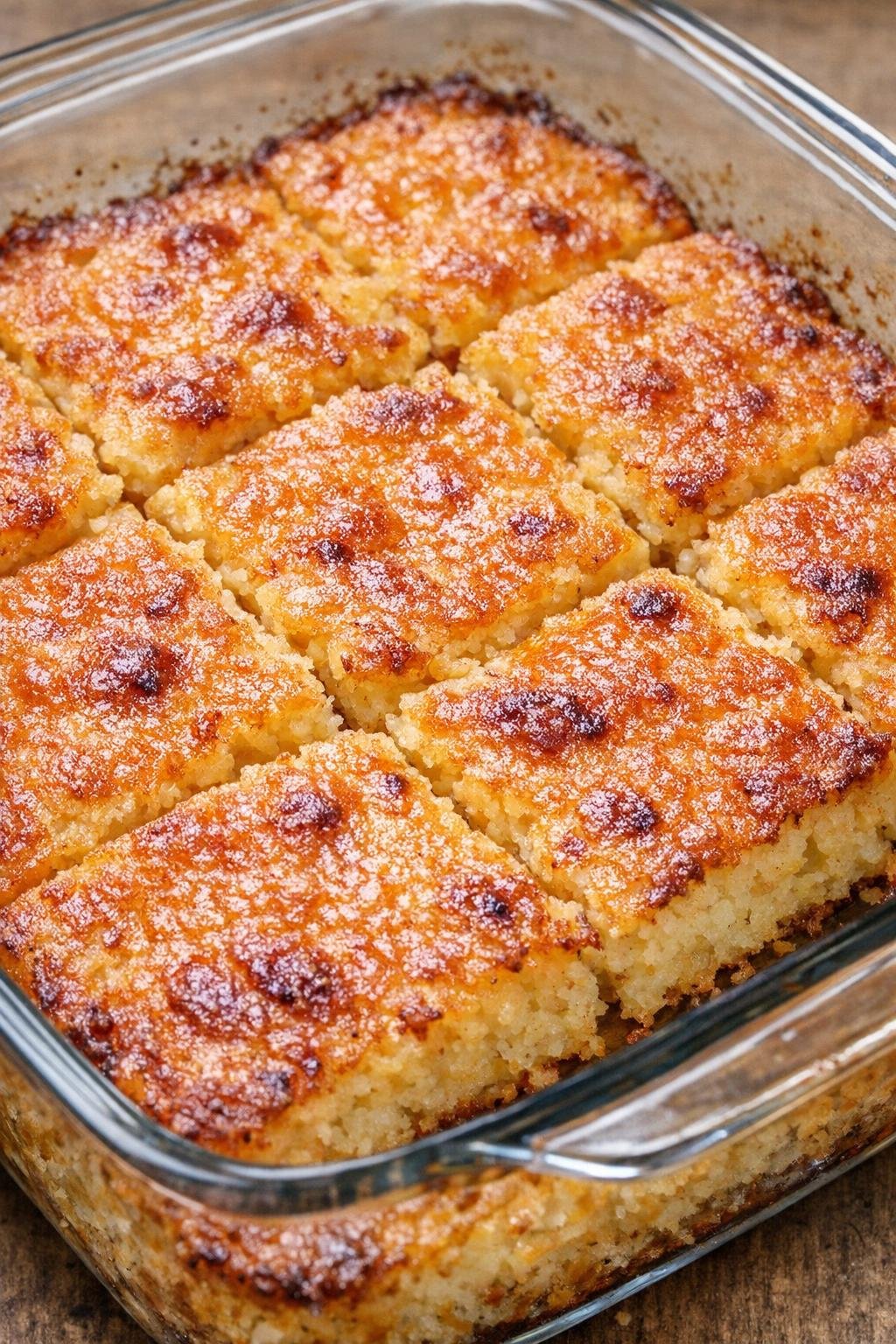 Southern 3-ingredient cheesy buttermilk squares baked in a glass casserole dish