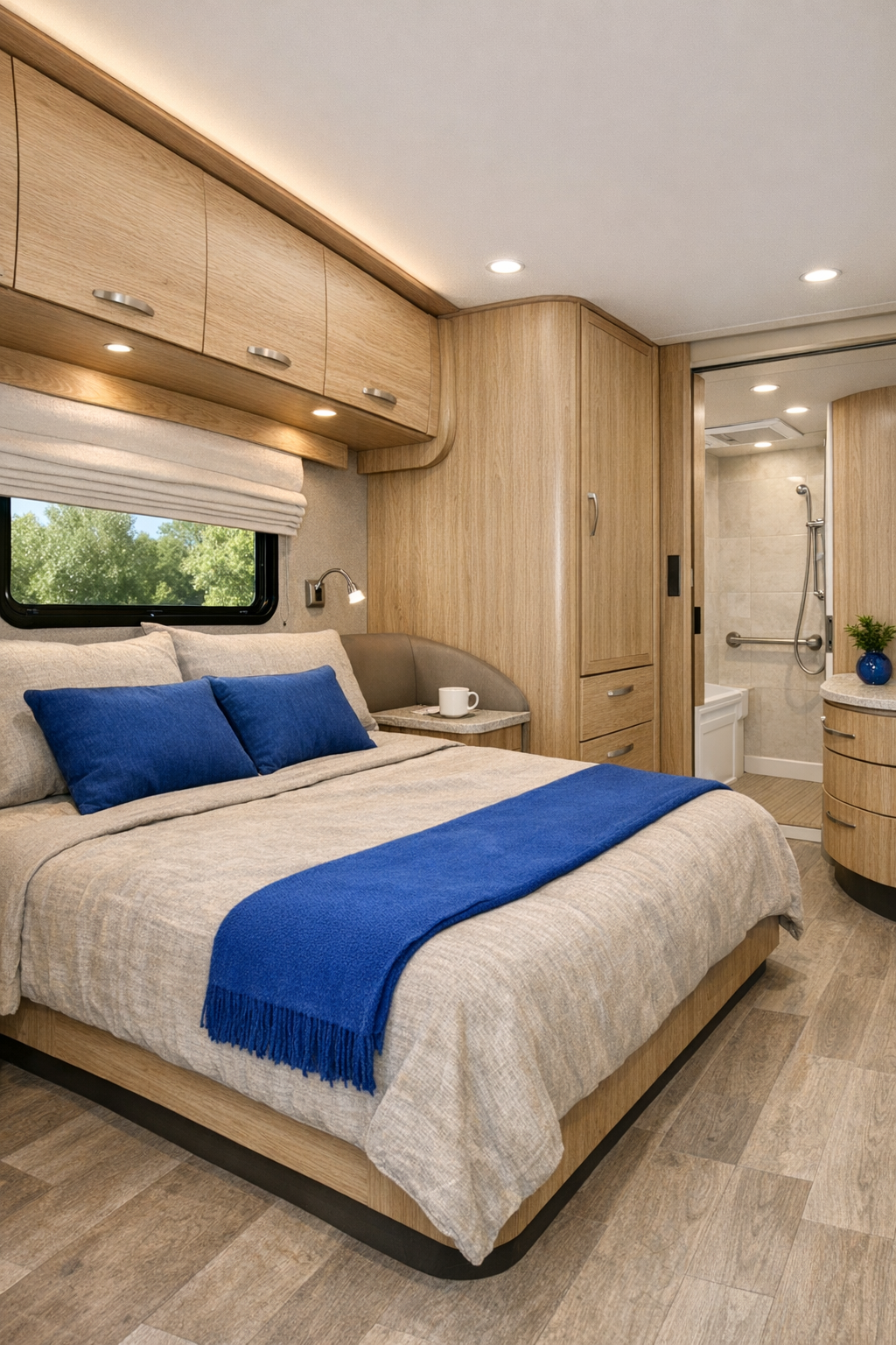Accessible RV bedroom with low-profile bed, pale oak cabinetry, oatmeal bedding, and soft modern lighting
