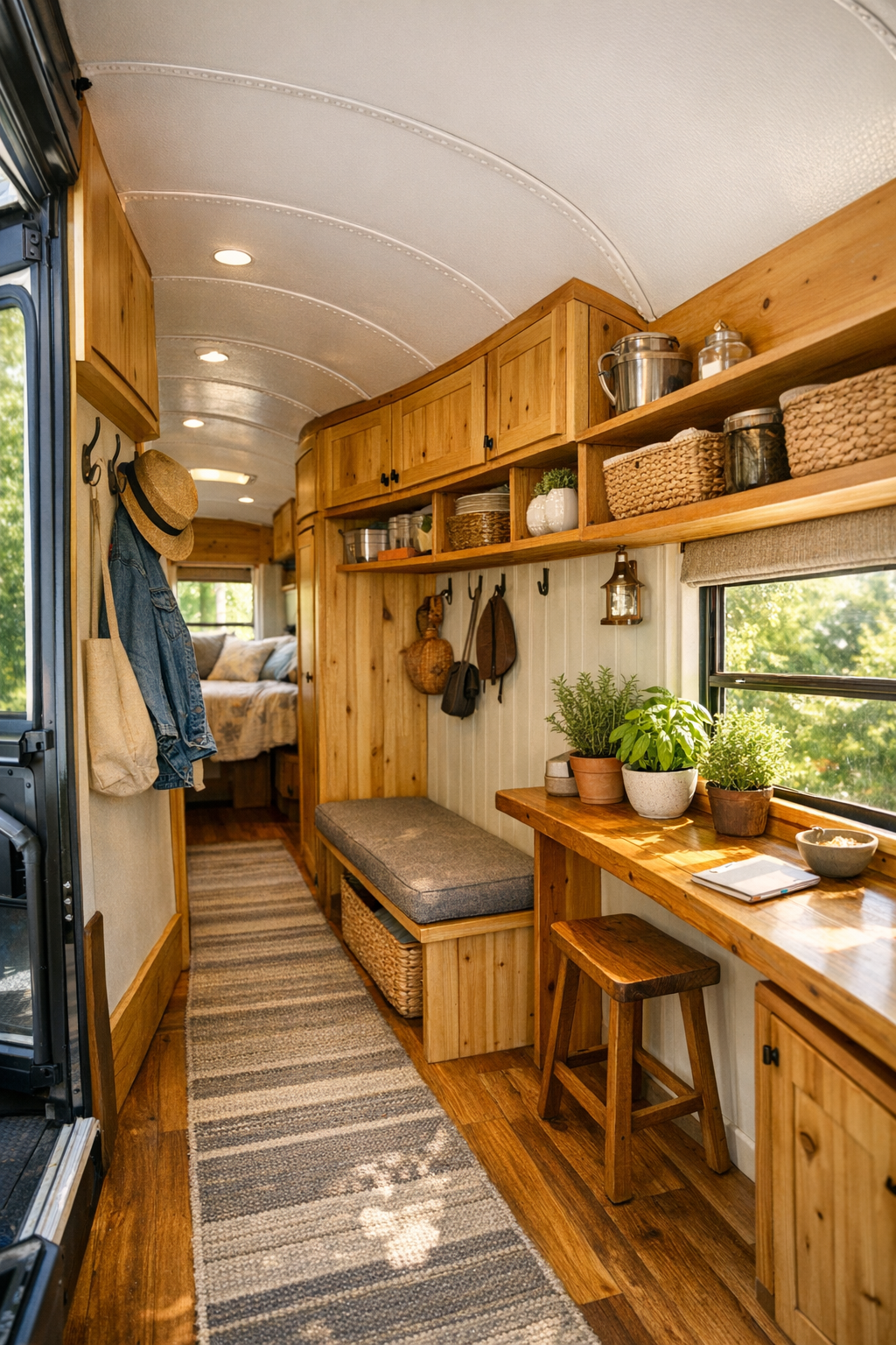 Functional bus entry and multipurpose nook with storage, hooks, and a slim desk ledge