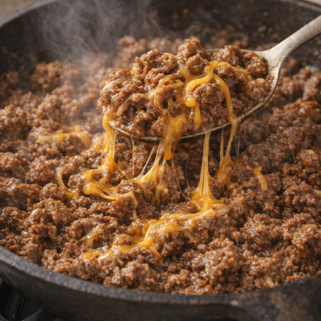 Cheddar melting into seasoned beef filling