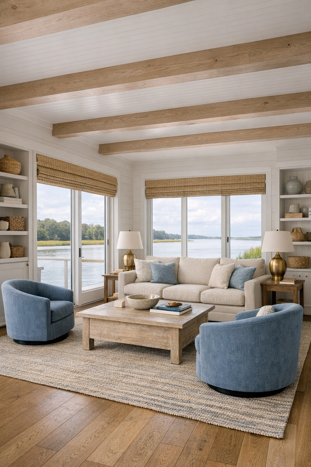 Bright barrier-free living room with coastal Lowcountry finishes and water views