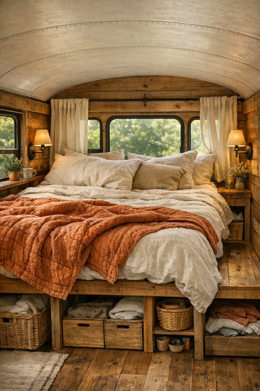 Serene bus bedroom with a raised bed, linen bedding, and soft natural light