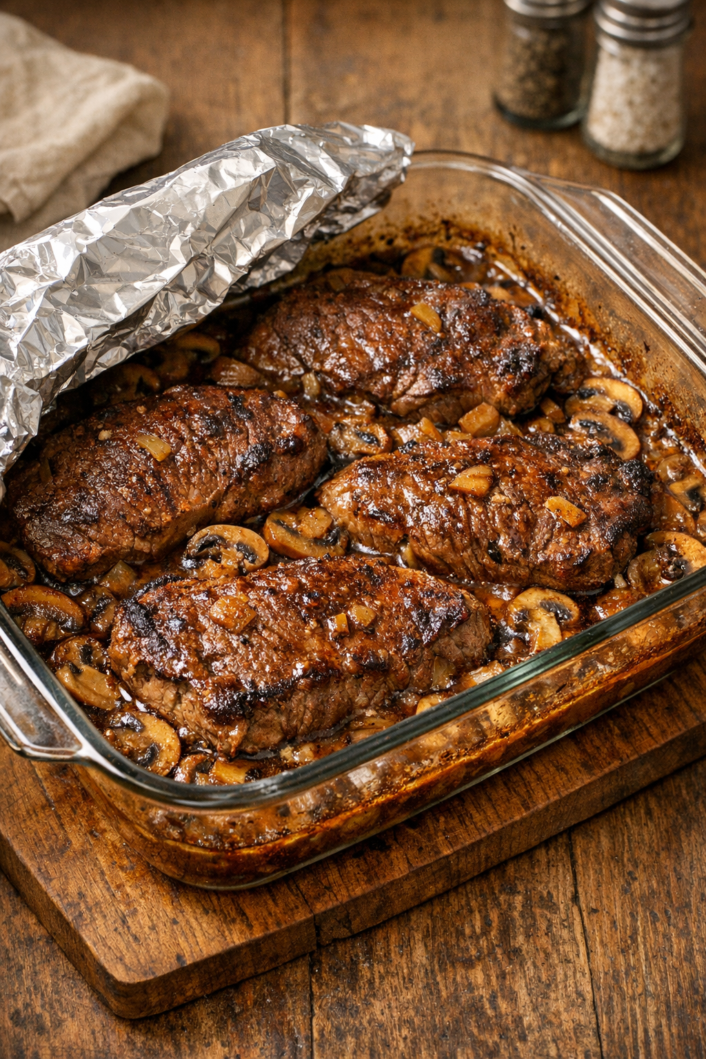 Baked beef casserole just out of the oven in the baking dish