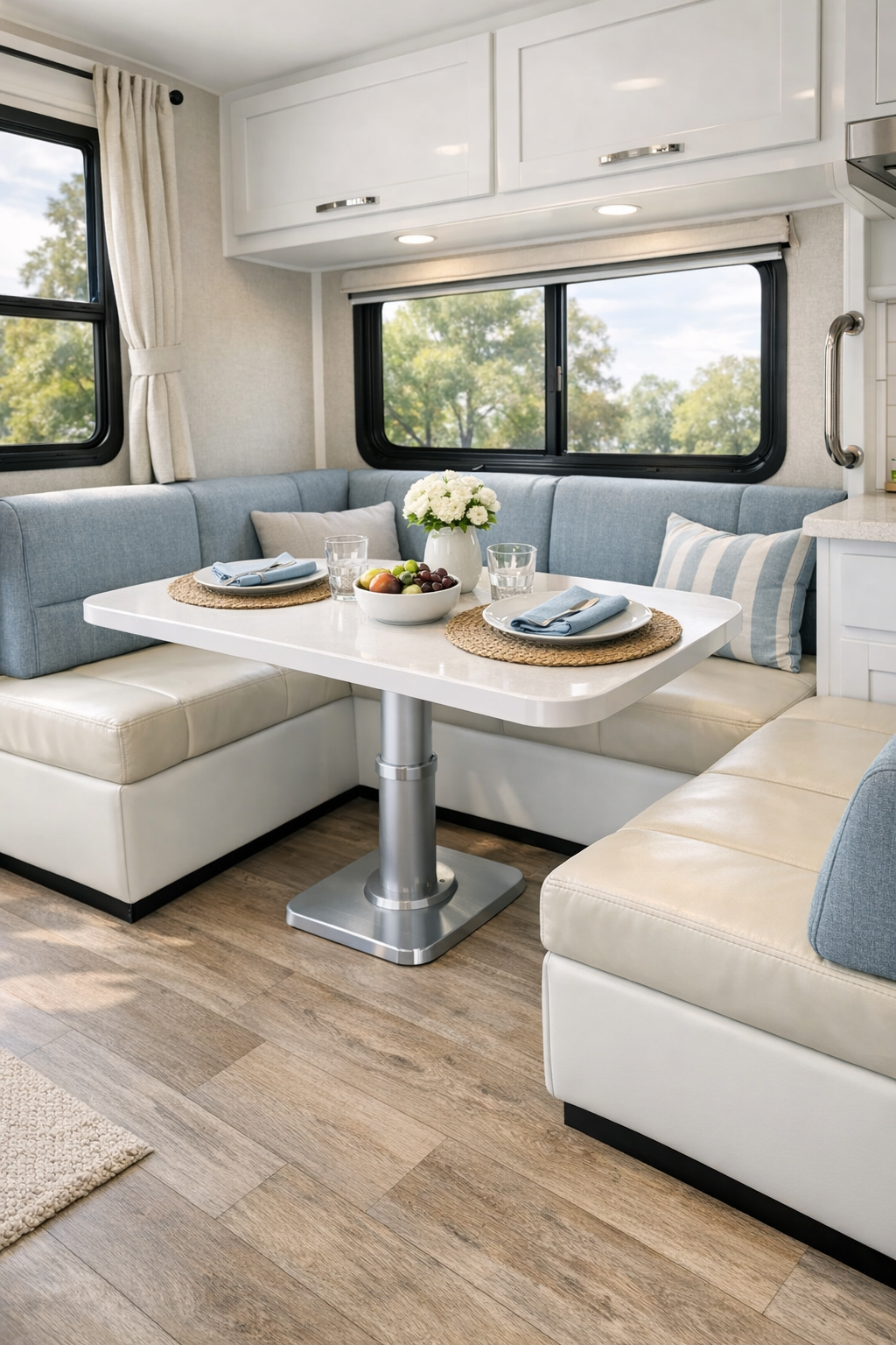 Accessible RV dining nook with pedestal table, cushioned seating, and bright natural light