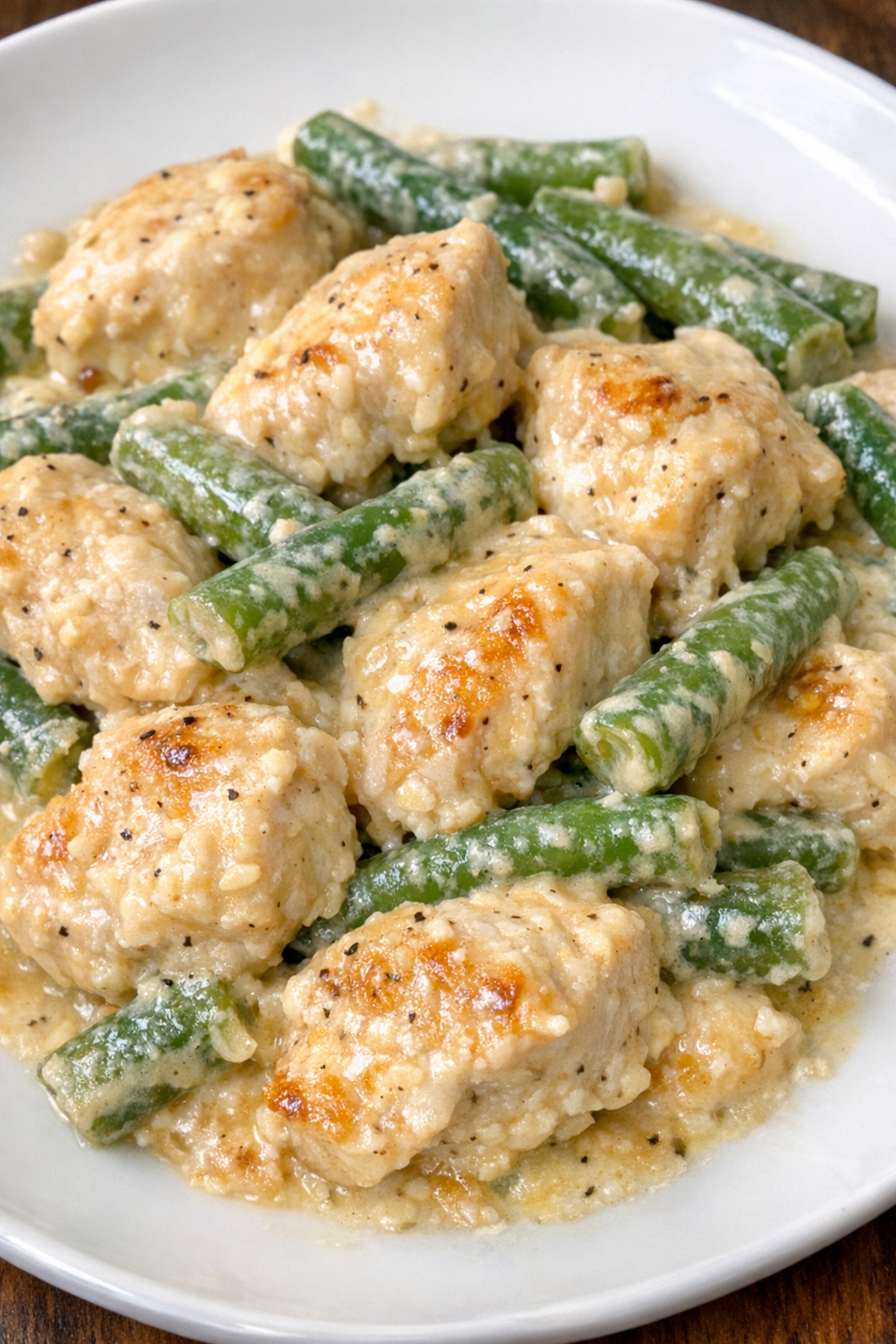 Creamy green bean chicken plated and ready to serve