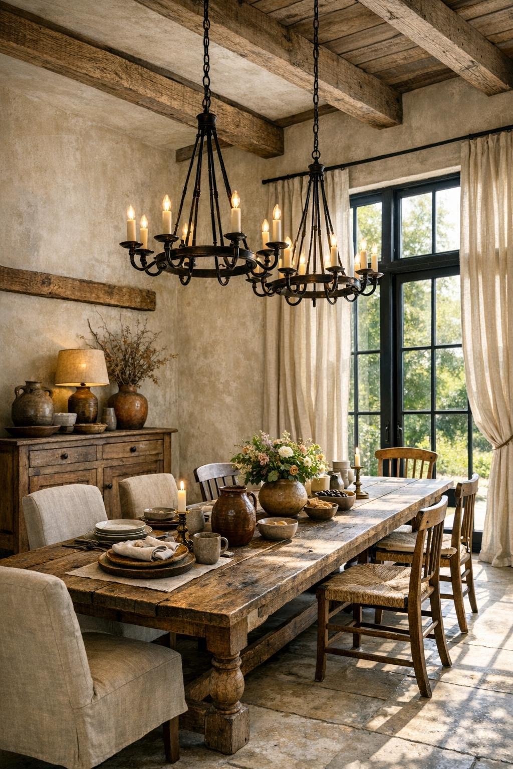 Farmhouse dining room with a long wood table, mixed chairs, and soft natural light