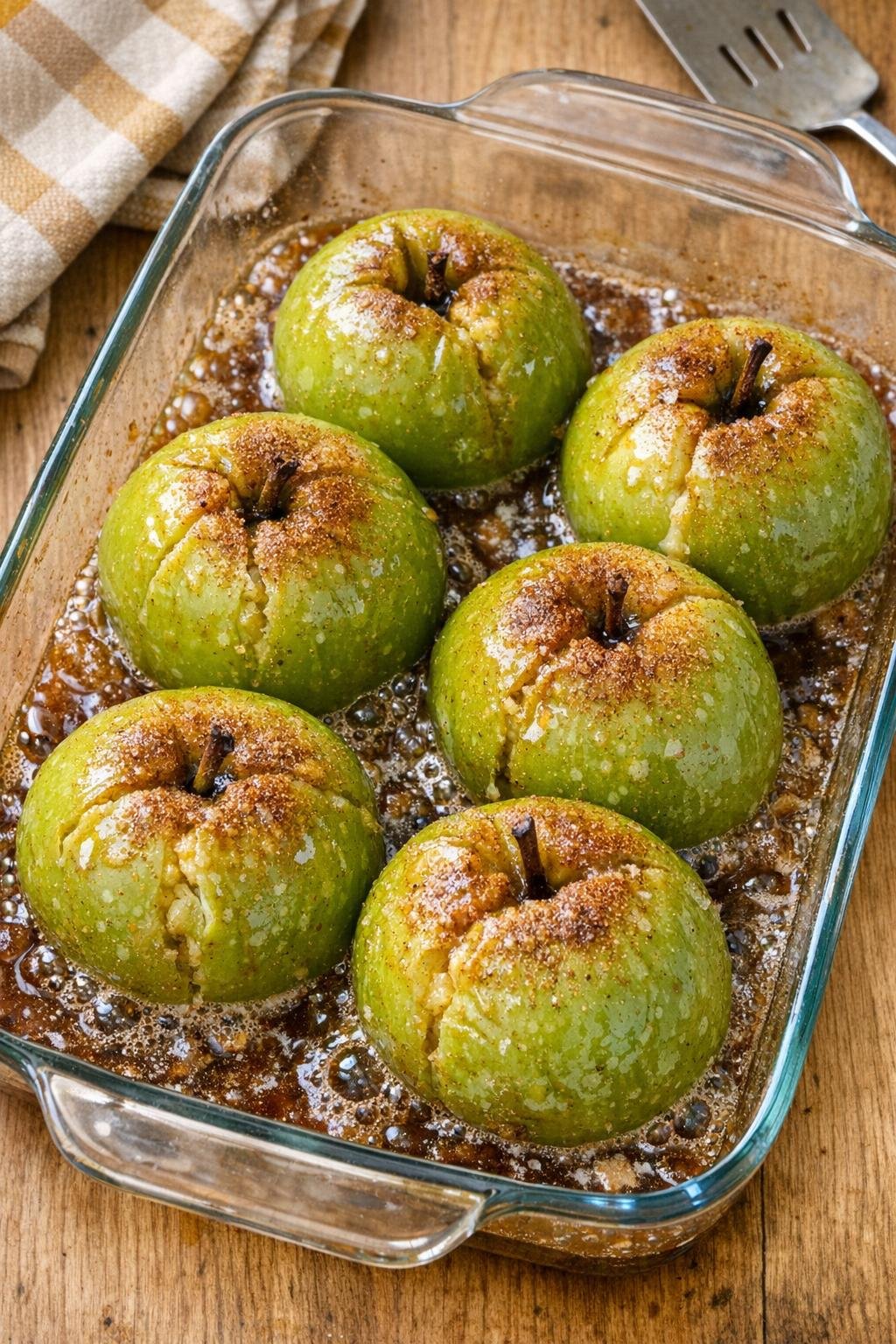 Finished baked green apples in a glass baking dish