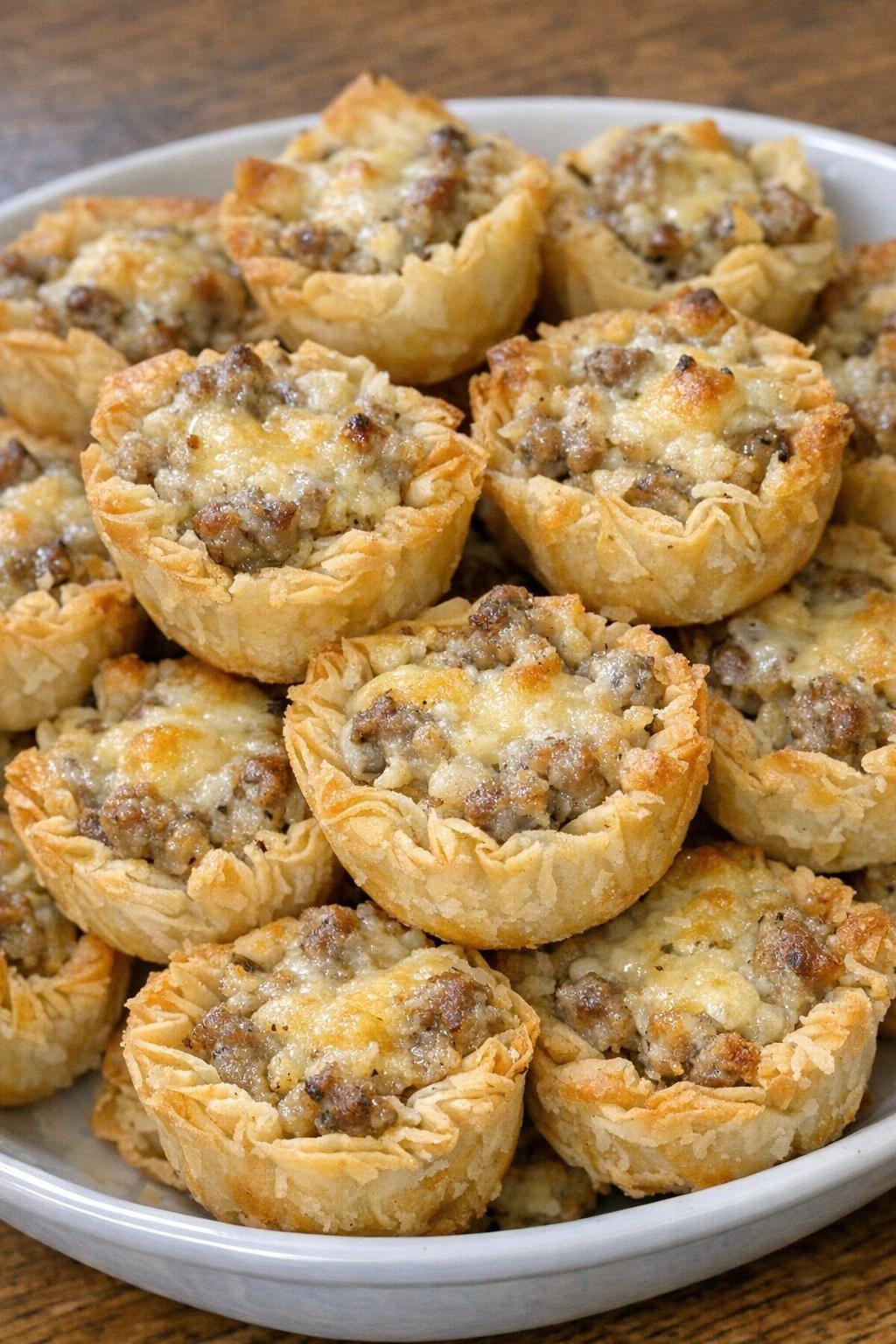 Golden flaky pastry cups with savory filling in a serving dish