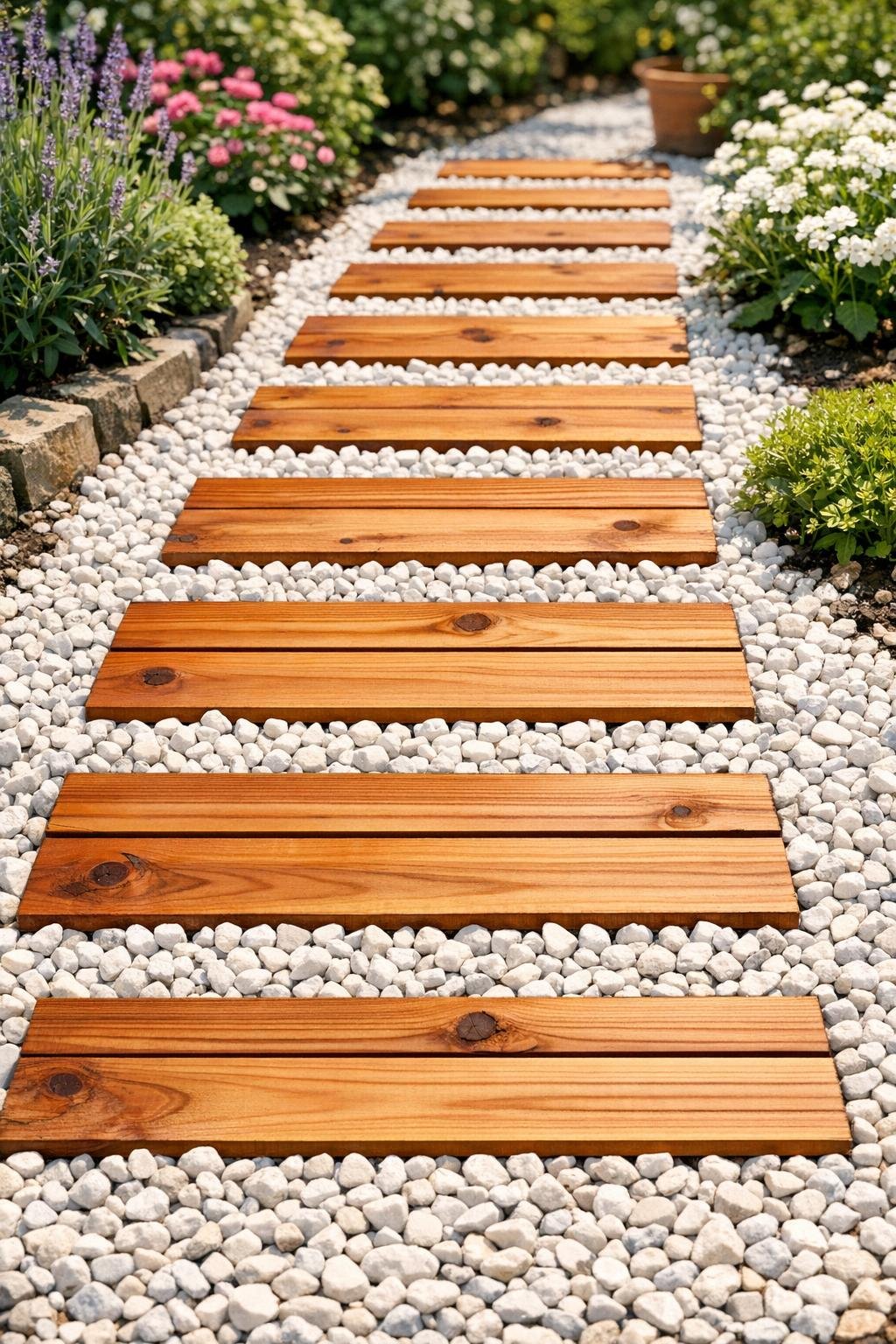 Finished cedar picket garden pathway set into white pea gravel