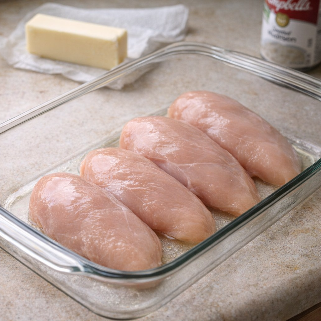 Chicken breasts arranged in a greased glass baking dish
