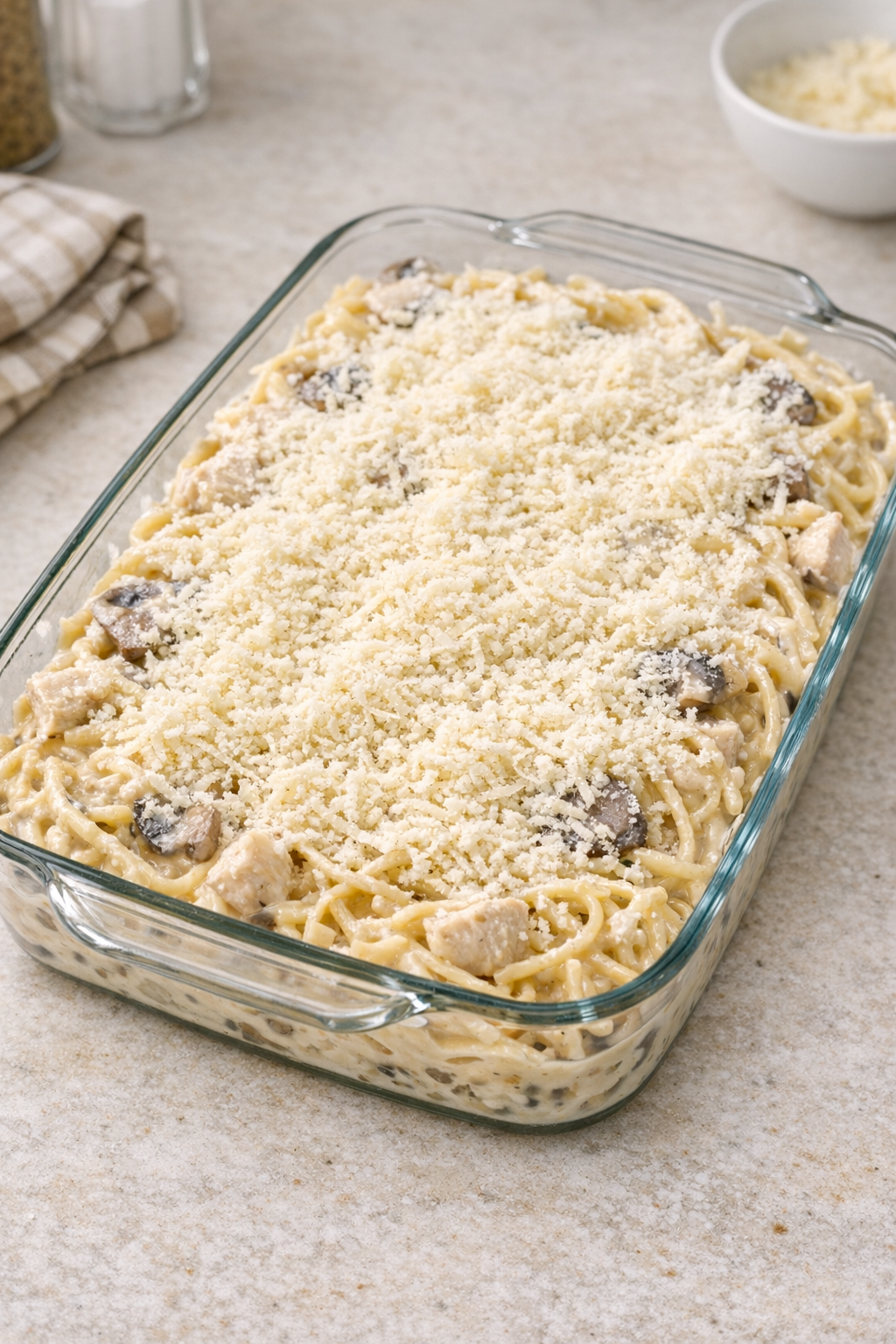 Unbaked chicken tetrazzini in a casserole dish