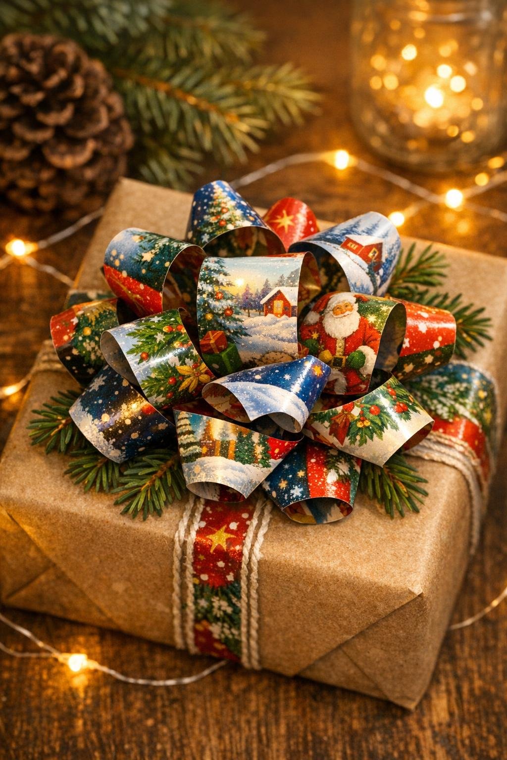 Finished gift bow made from an old Christmas card on a wrapped present