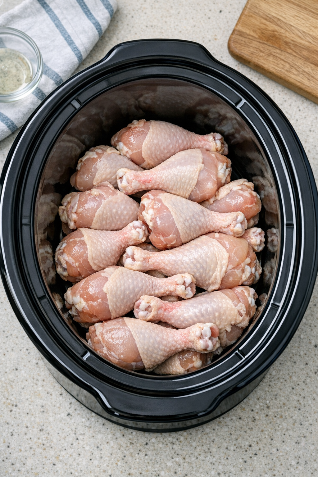 Raw drumsticks arranged in the slow cooker