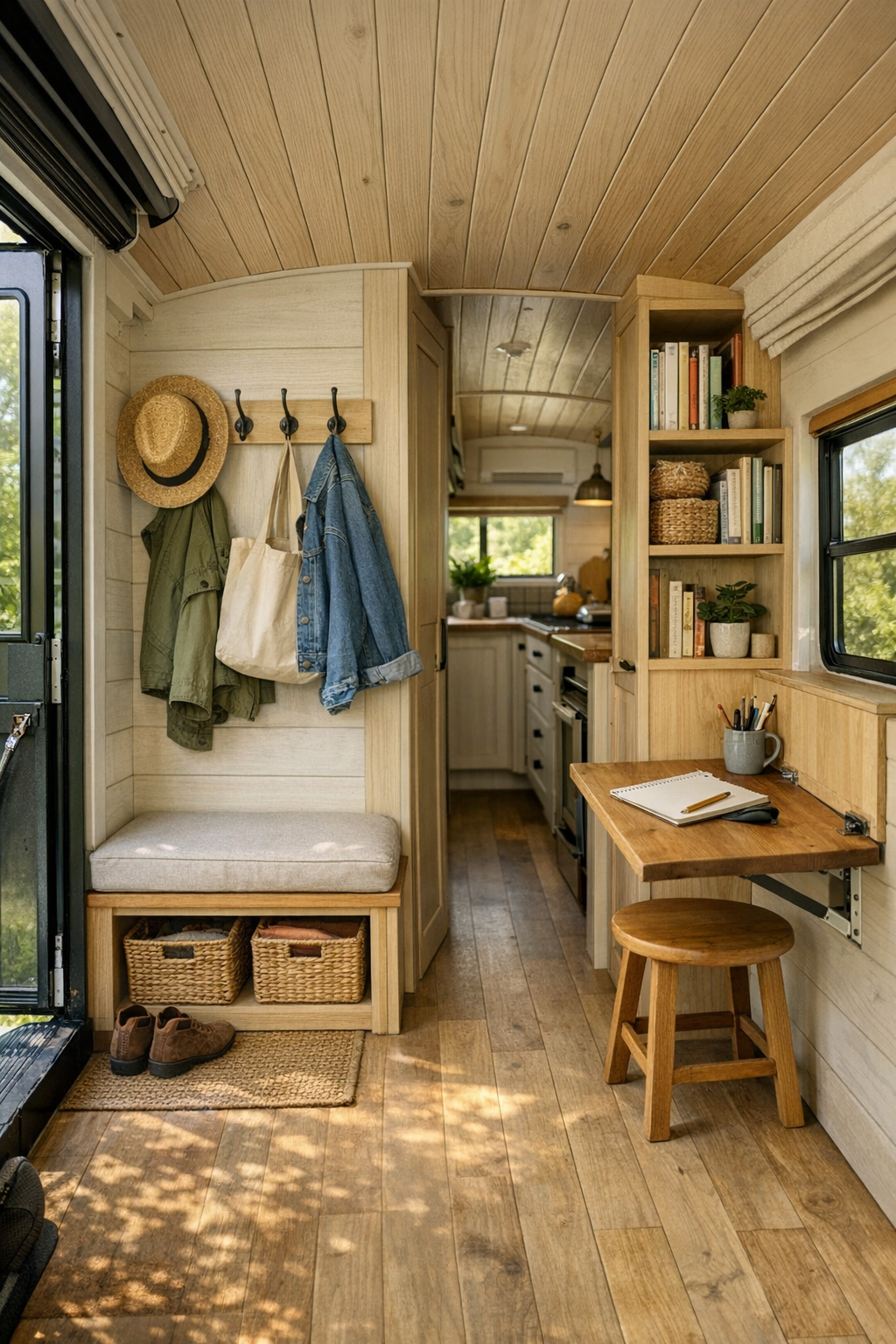 Thoughtful entry and multi-use passage area in a converted bus with built-in storage and fold-down desk