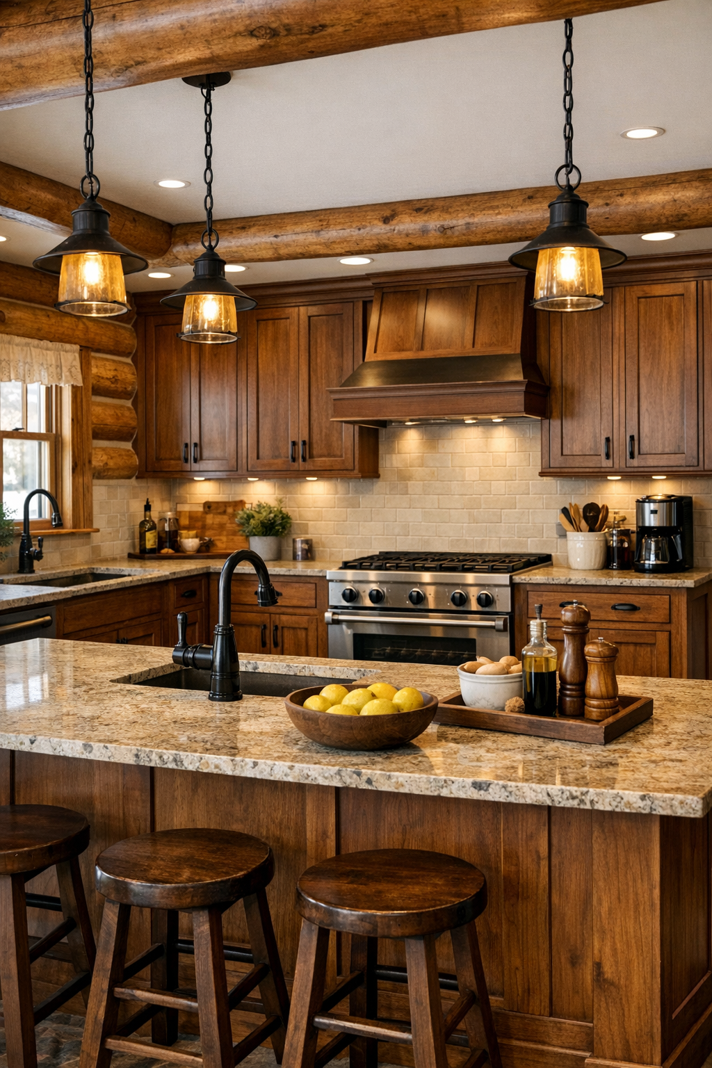 Craftsman kitchen with Amish cabinetry, stone counters, and warm wood finishes