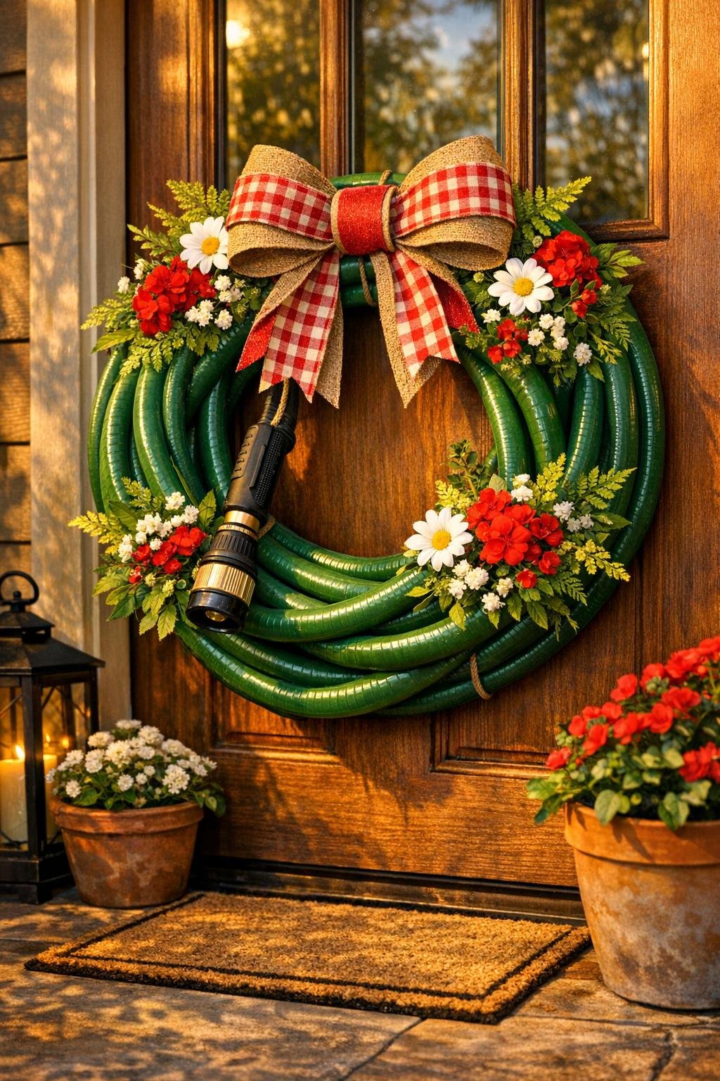 Finished garden hose welcome wreath hanging on a front door