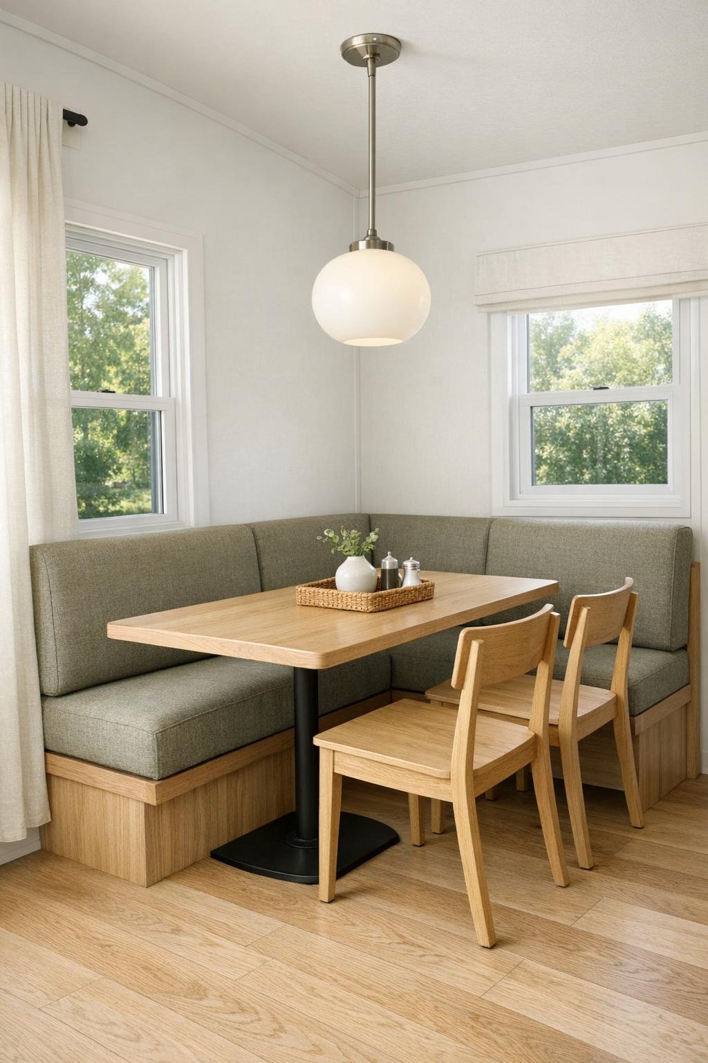 Compact dining nook with banquette seating and light wood table